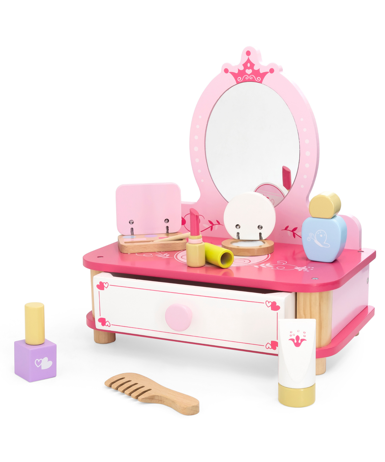Viga Wooden Dressing Table with Mirror and Accessories  Pretend Play Make-Up Vanity for Kids  9-Piece Beauty Set  Ages 3 and Up