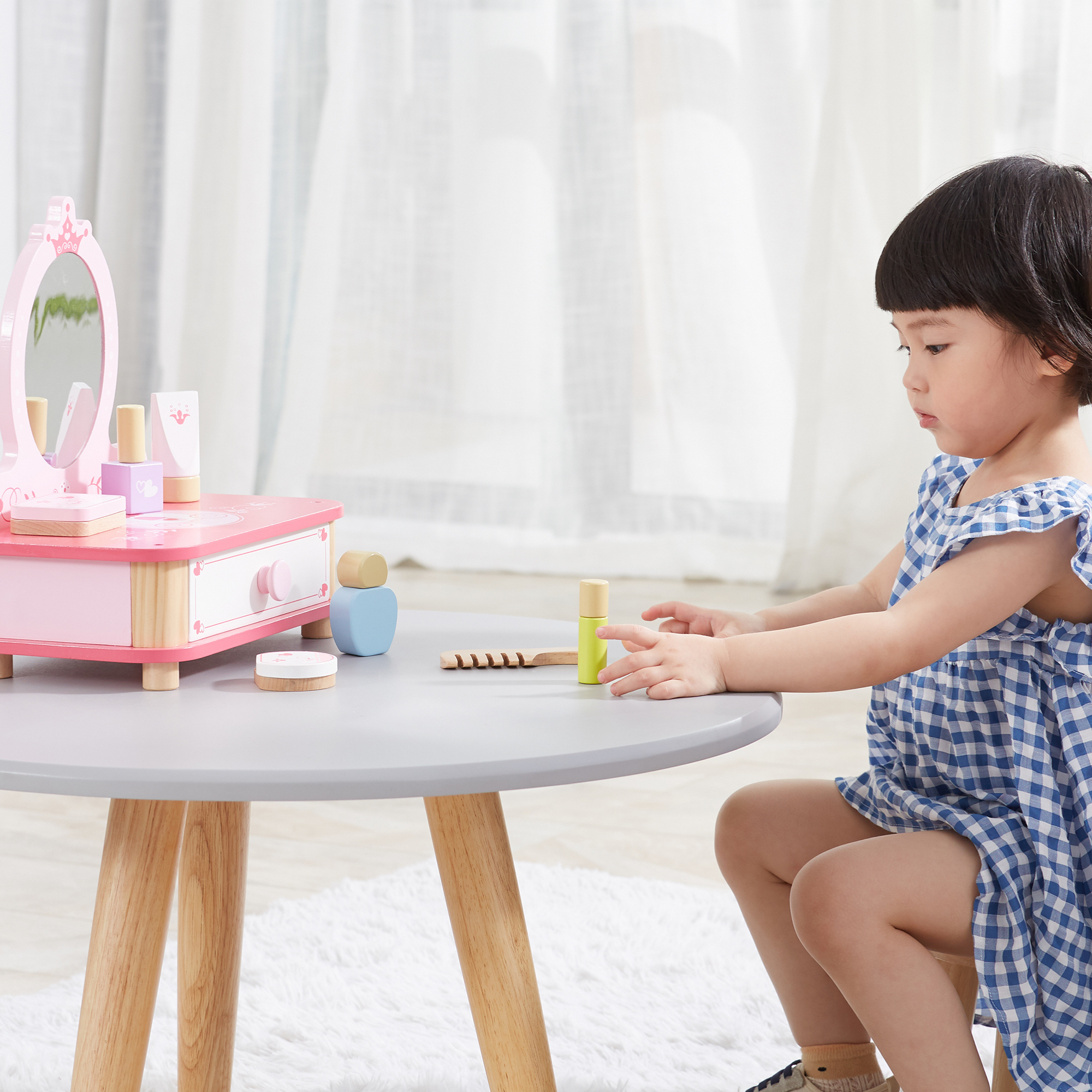 Viga Wooden Dressing Table with Mirror and Accessories  Pretend Play Make-Up Vanity for Kids  9-Piece Beauty Set  Ages 3 and Up