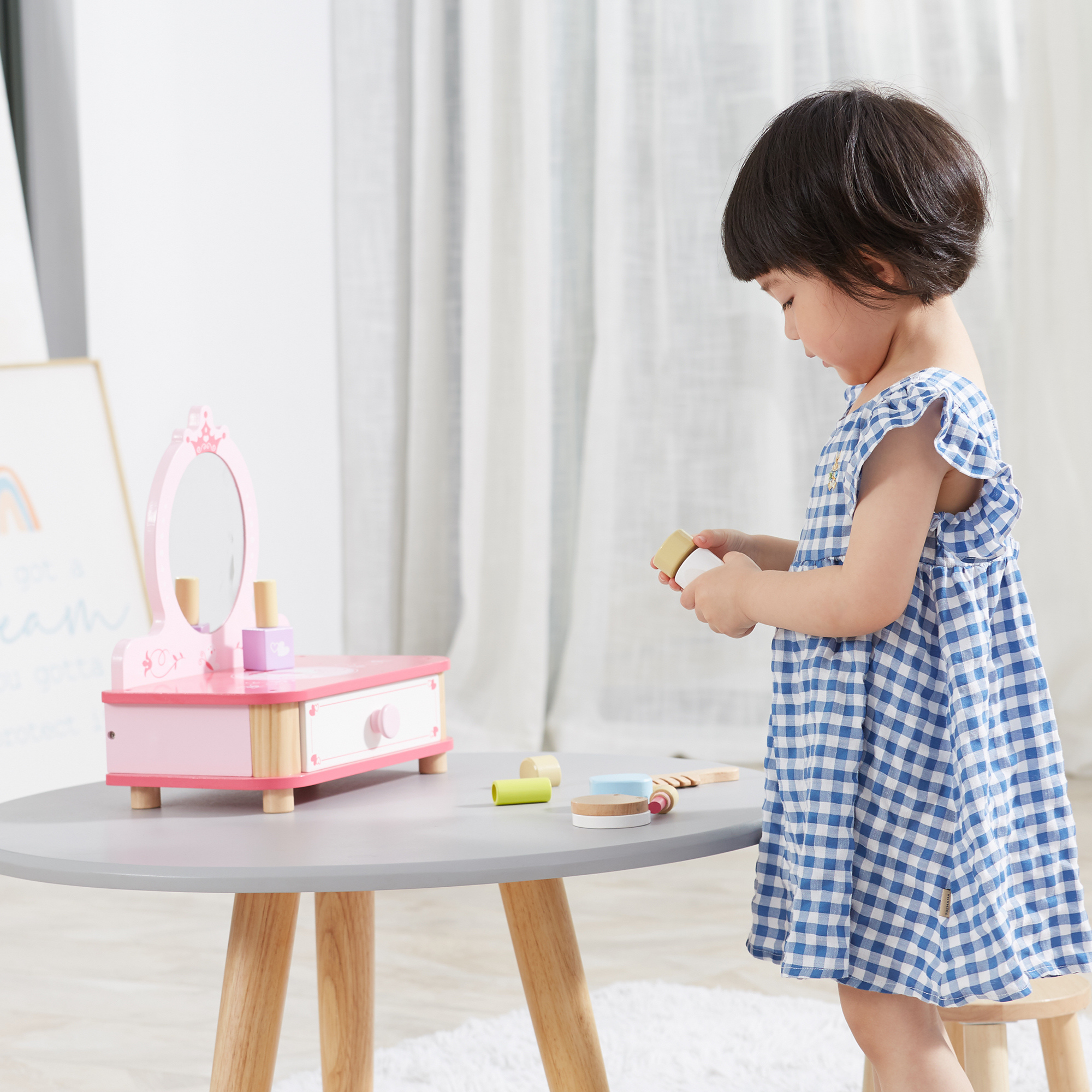 Viga Wooden Dressing Table with Mirror and Accessories  Pretend Play Make-Up Vanity for Kids  9-Piece Beauty Set  Ages 3 and Up