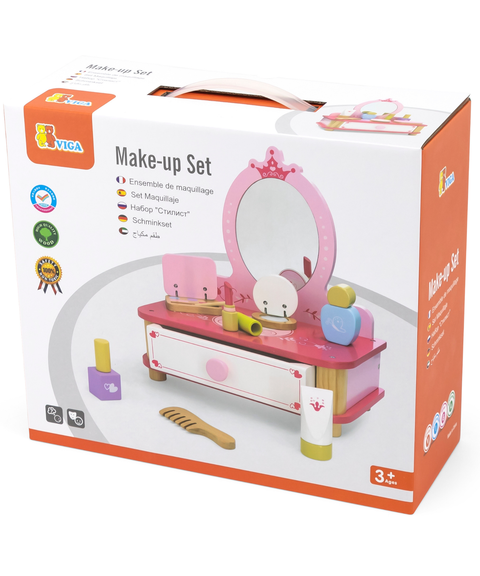 Viga Wooden Dressing Table with Mirror and Accessories  Pretend Play Make-Up Vanity for Kids  9-Piece Beauty Set  Ages 3 and Up