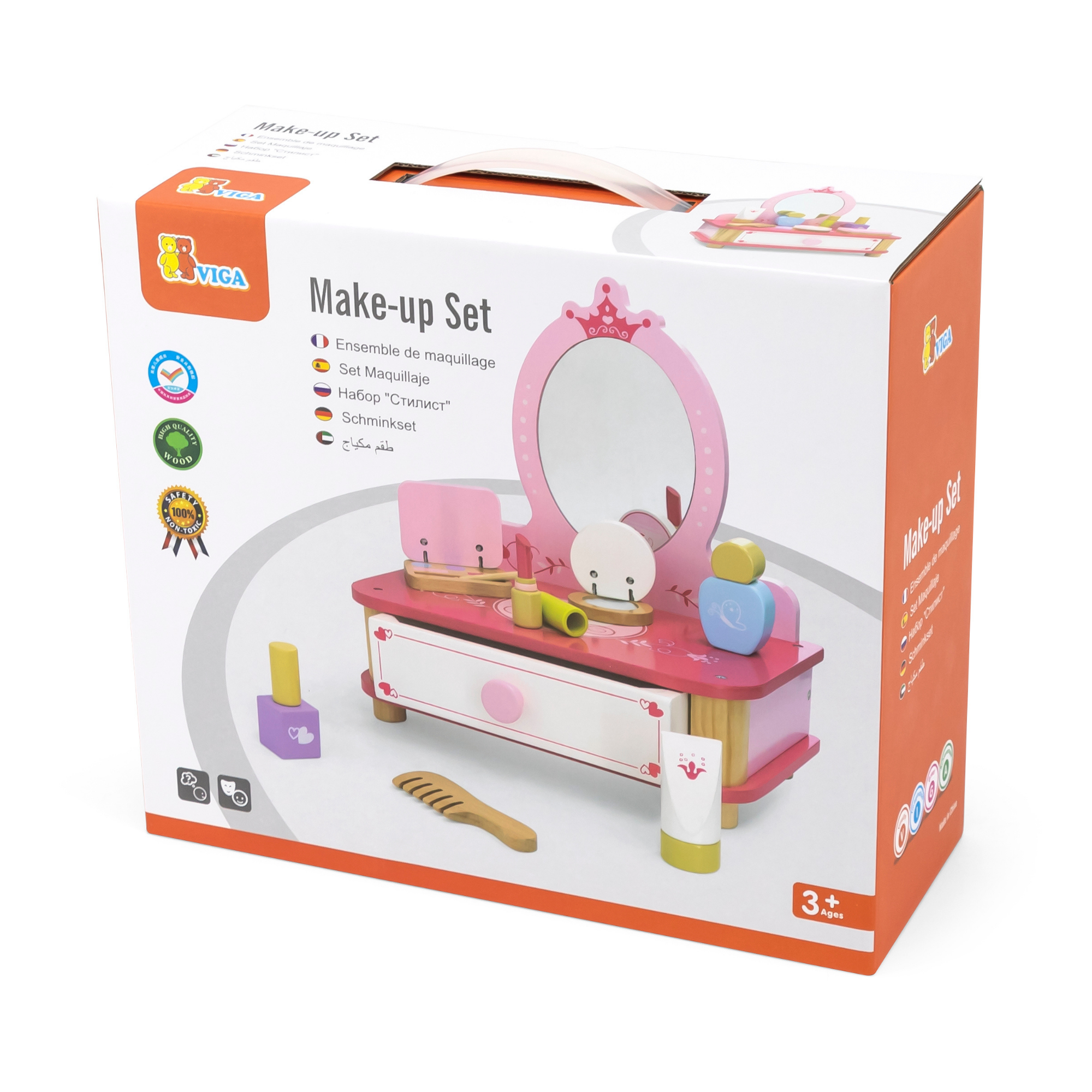 Viga Wooden Dressing Table with Mirror and Accessories  Pretend Play Make-Up Vanity for Kids  9-Piece Beauty Set  Ages 3 and Up