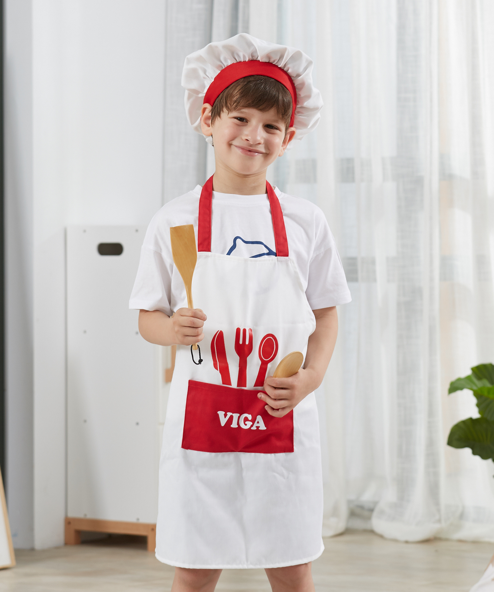 VIGA Little Chef Uniform and Hat  Kids Pretend Play Apron Set  Washable Cotton Roleplay Costume for Cooking, Baking, and Creative Activities