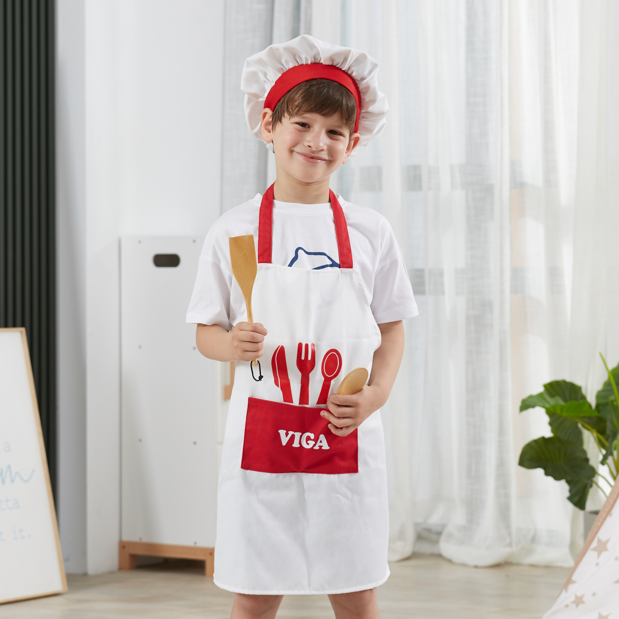 VIGA Little Chef Uniform and Hat  Kids Pretend Play Apron Set  Washable Cotton Roleplay Costume for Cooking, Baking, and Creative Activities