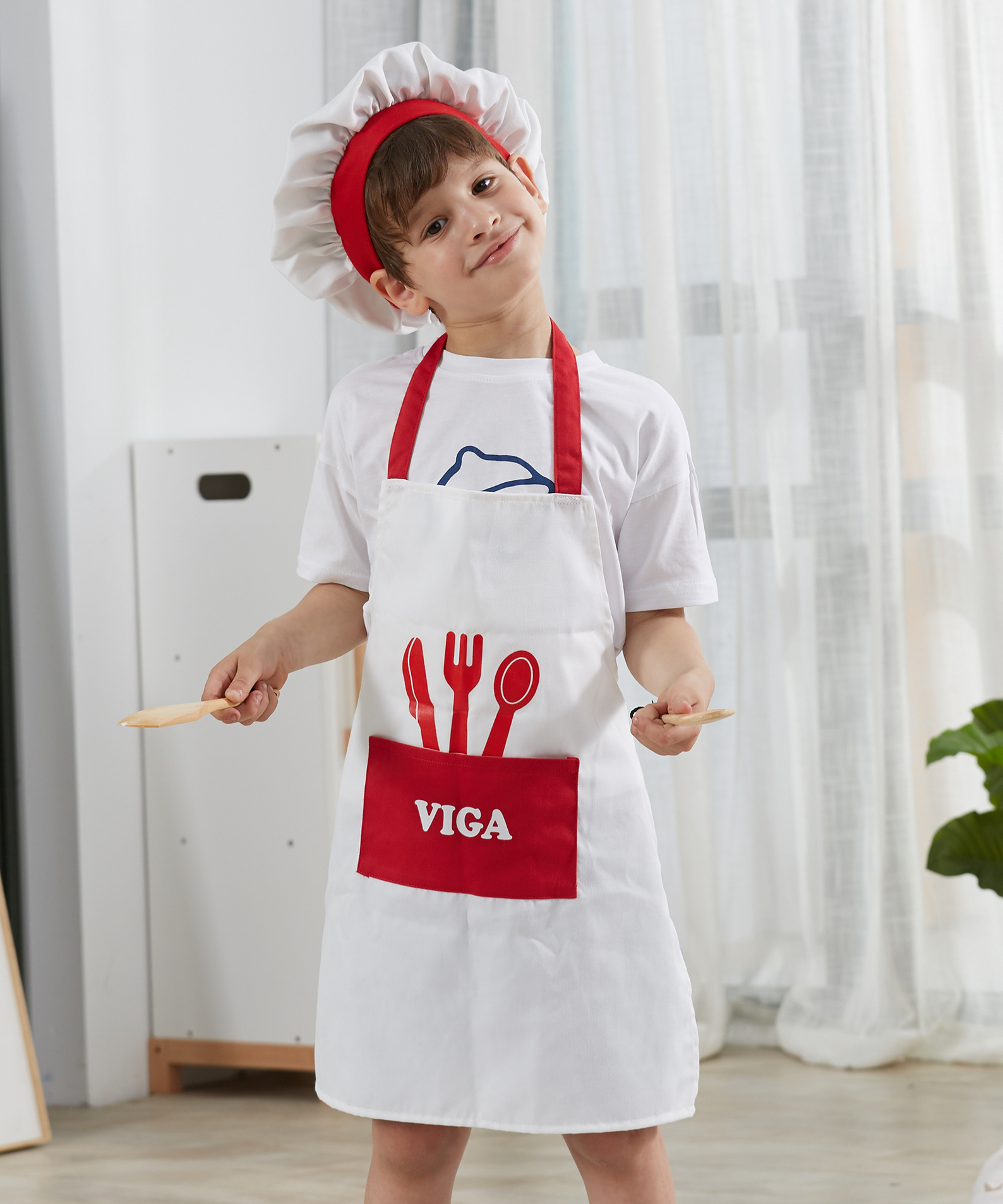 VIGA Little Chef Uniform and Hat  Kids Pretend Play Apron Set  Washable Cotton Roleplay Costume for Cooking, Baking, and Creative Activities