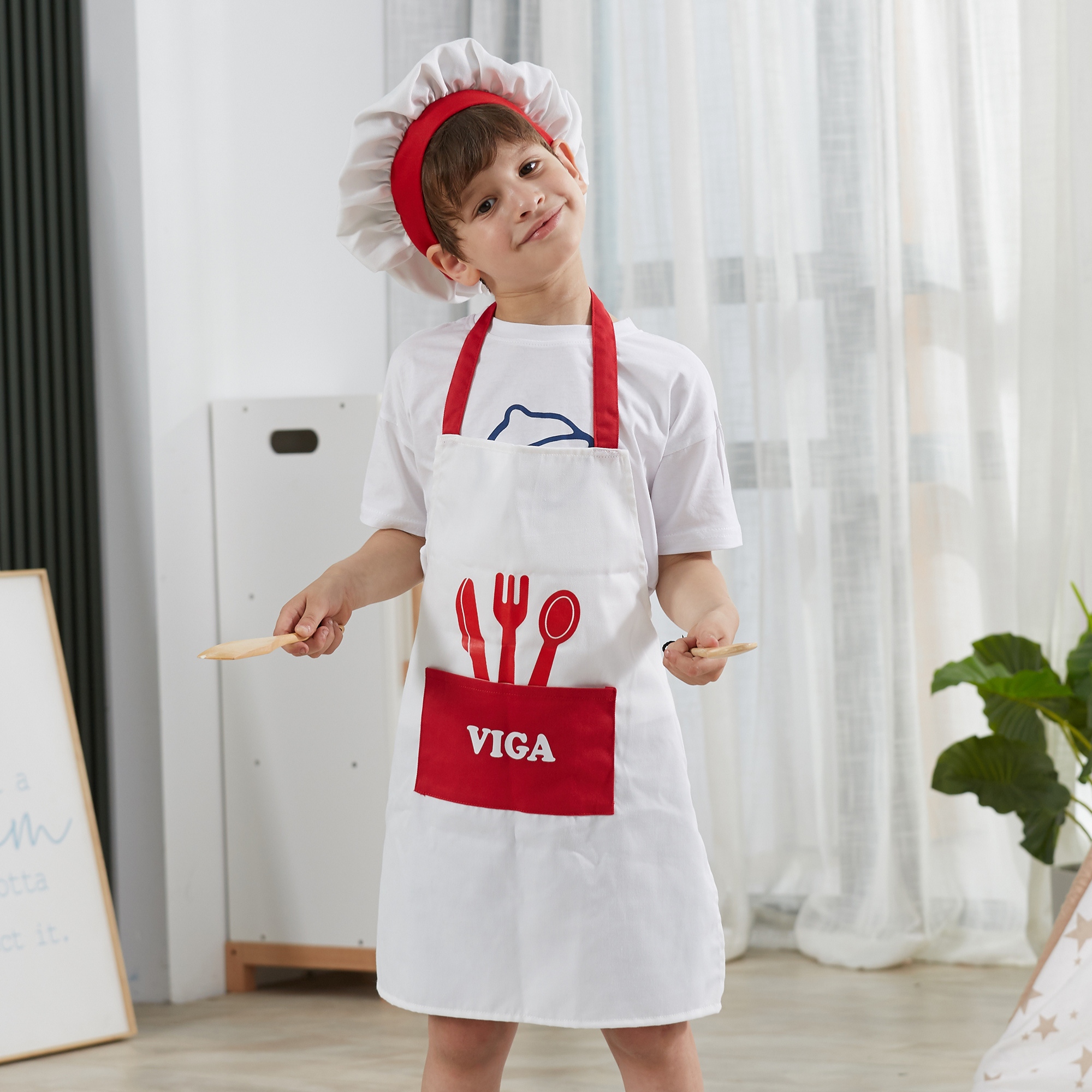 VIGA Little Chef Uniform and Hat  Kids Pretend Play Apron Set  Washable Cotton Roleplay Costume for Cooking, Baking, and Creative Activities