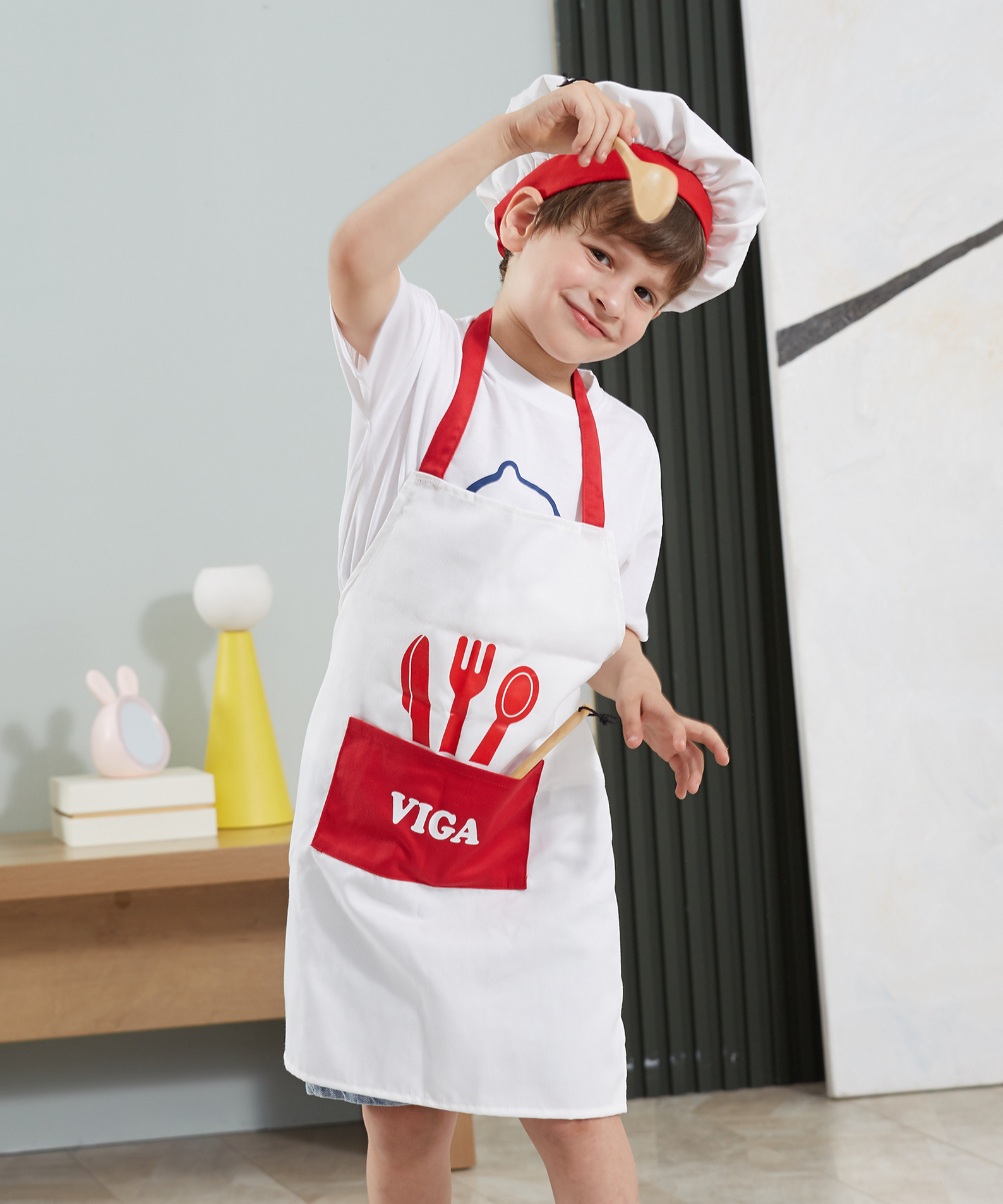 VIGA Little Chef Uniform and Hat  Kids Pretend Play Apron Set  Washable Cotton Roleplay Costume for Cooking, Baking, and Creative Activities
