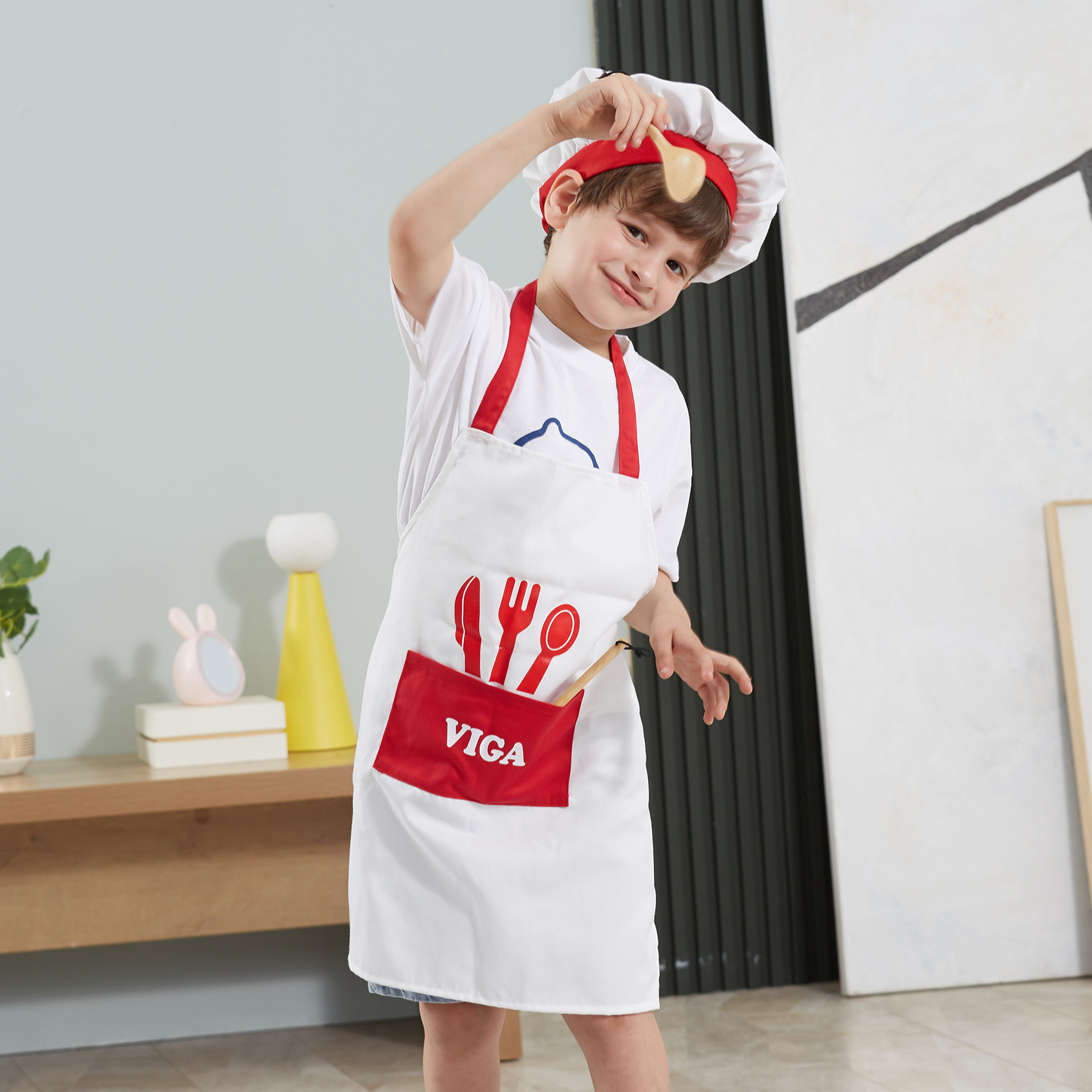 VIGA Little Chef Uniform and Hat  Kids Pretend Play Apron Set  Washable Cotton Roleplay Costume for Cooking, Baking, and Creative Activities