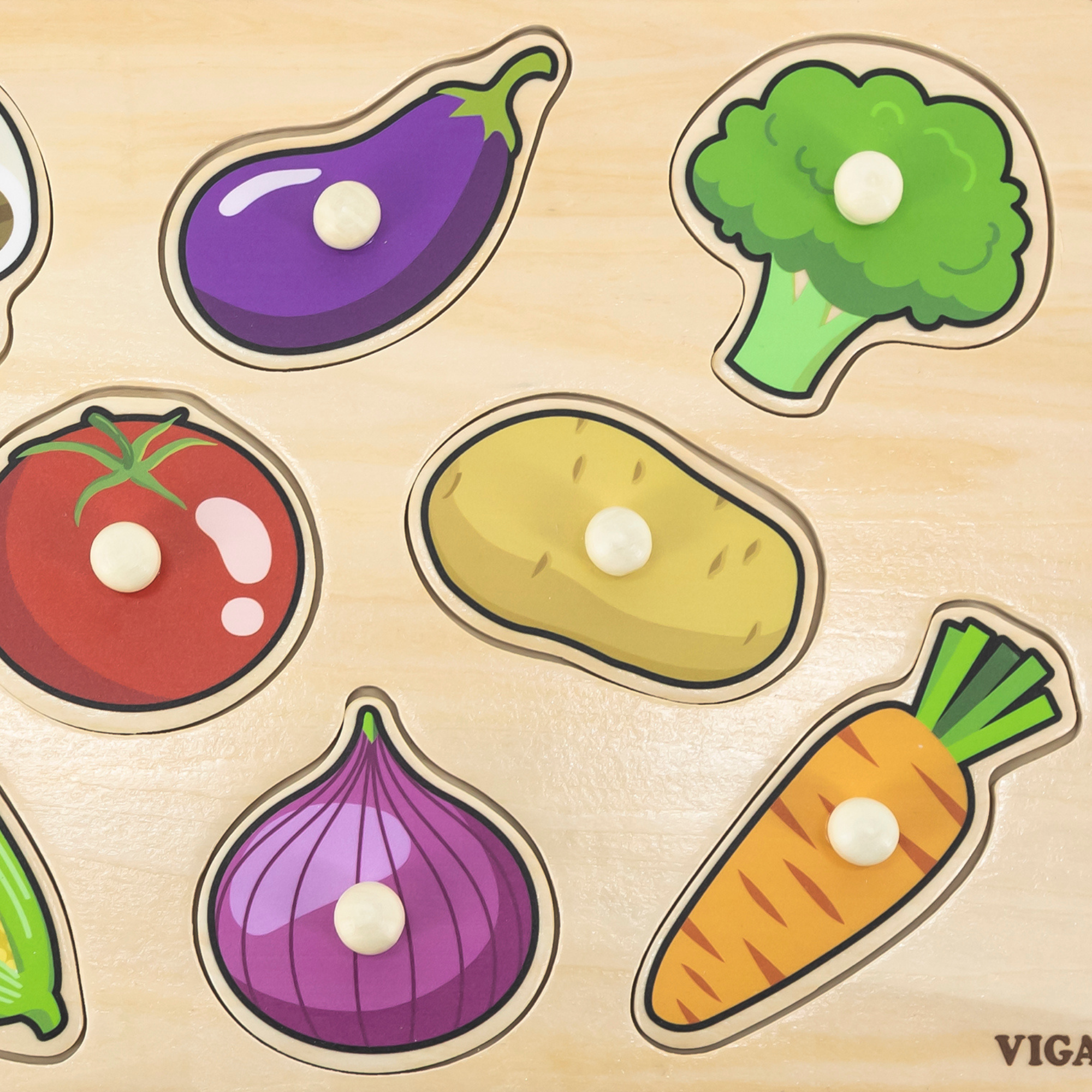 Viga Vegetables, 8 Piece Knob Puzzle, Montessori Wooden Toy, Develops Sensory, Cognitive & Fine Motor Skills, Non-Toxic & Eco-friendly Kids Educational Toy, Suitable for Boys and Girls Aged 18M+