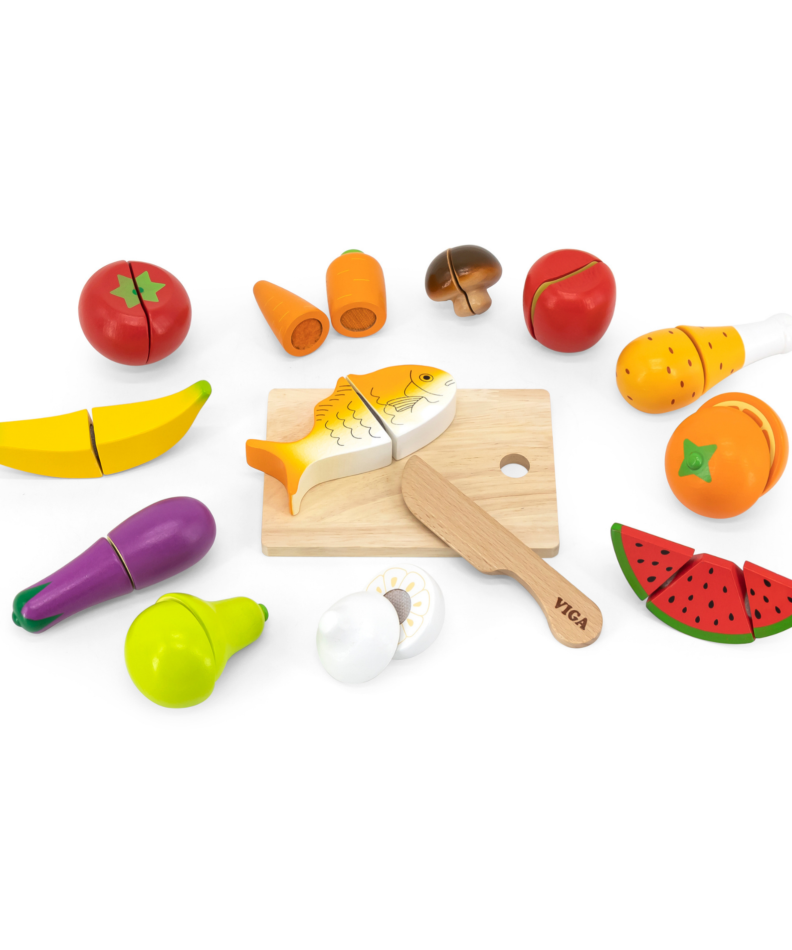VIGA Little Chef Cutting Kit  Wooden Pretend Play Food Set for Kids Aged 18 Months and Up  Includes Knife, Cutting Board, Fruits, Vegetables, and Accessories