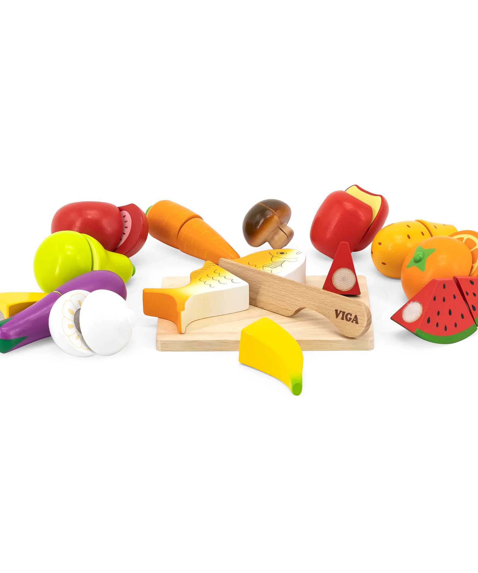 VIGA Little Chef Cutting Kit  Wooden Pretend Play Food Set for Kids Aged 18 Months and Up  Includes Knife, Cutting Board, Fruits, Vegetables, and Accessories