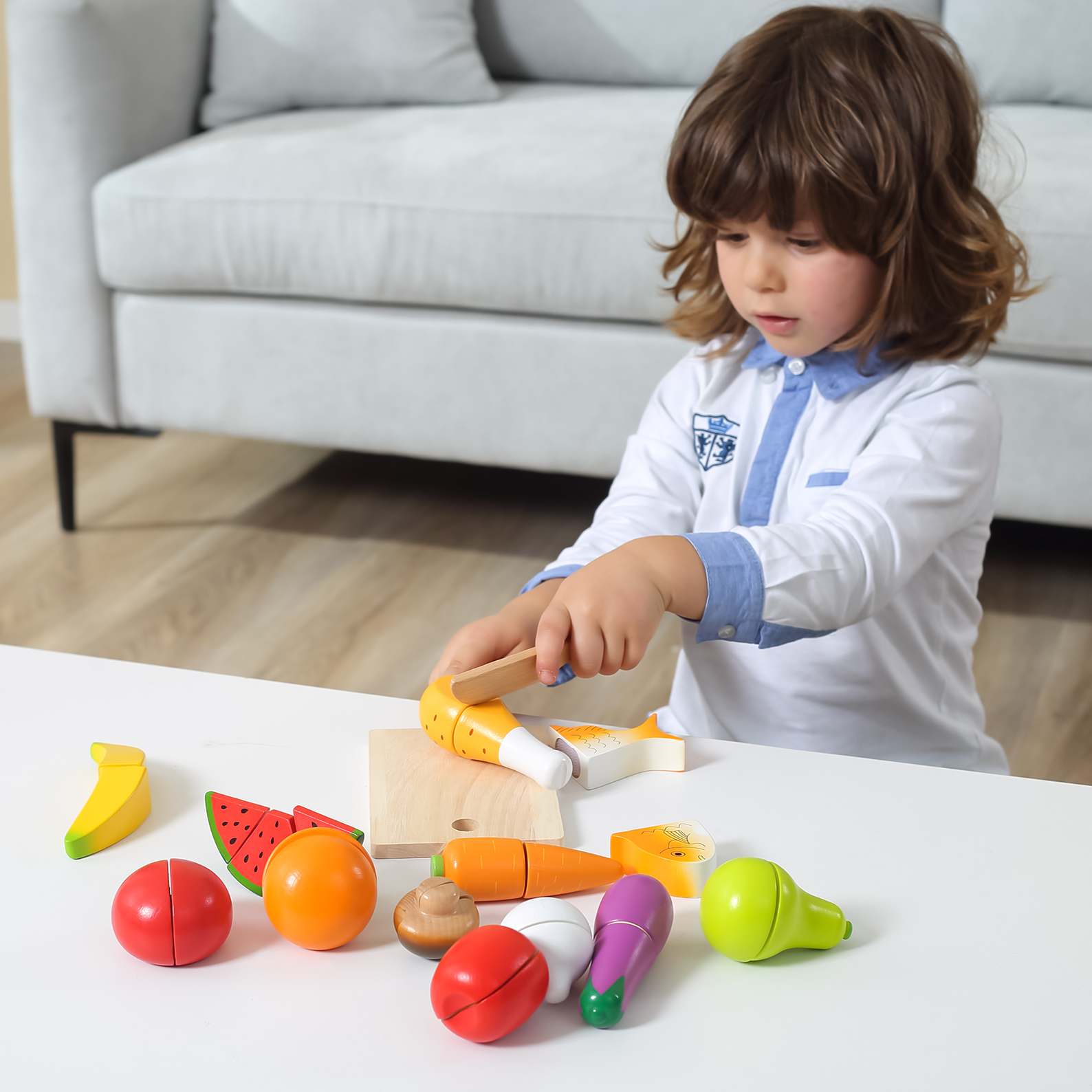 VIGA Little Chef Cutting Kit  Wooden Pretend Play Food Set for Kids Aged 18 Months and Up  Includes Knife, Cutting Board, Fruits, Vegetables, and Accessories