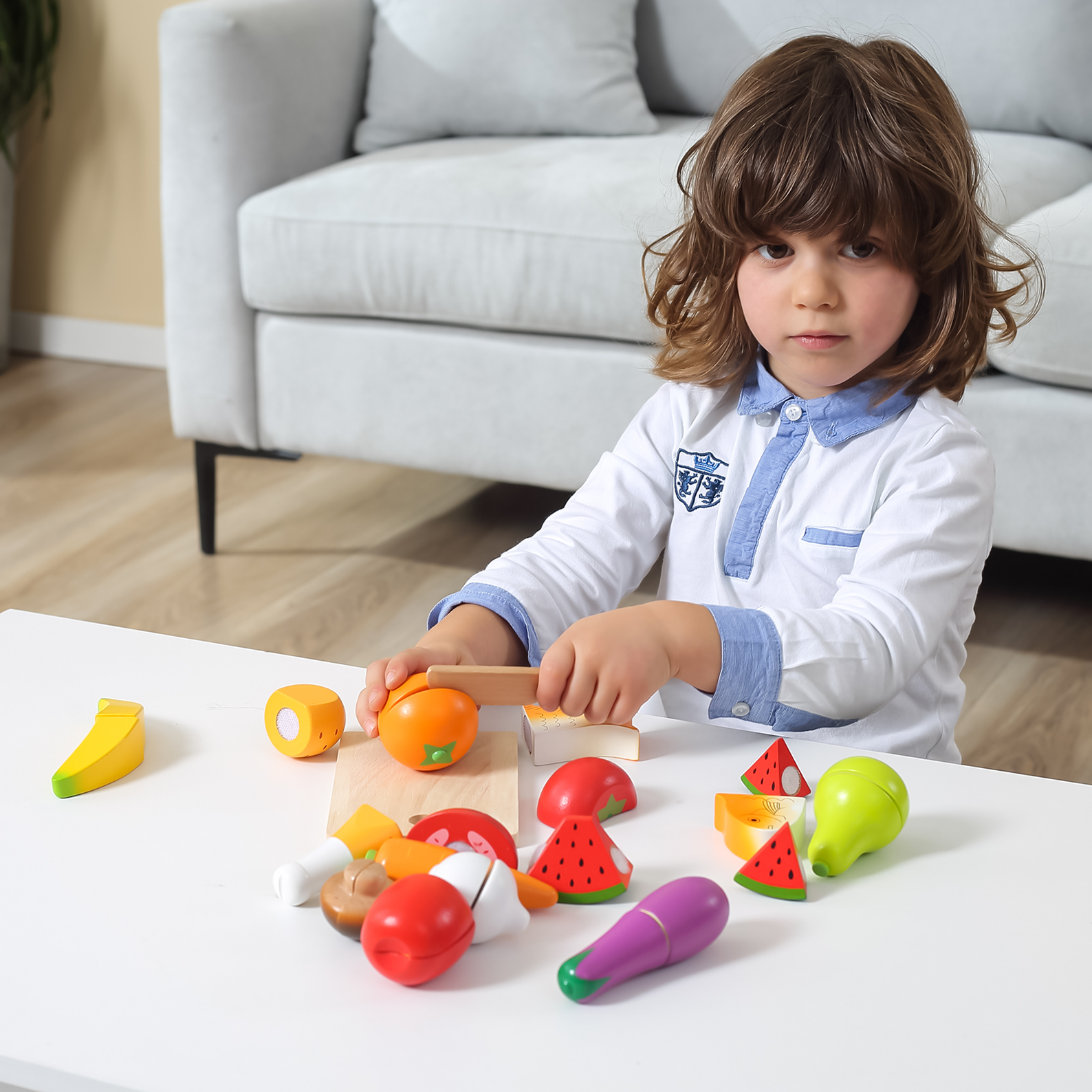 VIGA Little Chef Cutting Kit  Wooden Pretend Play Food Set for Kids Aged 18 Months and Up  Includes Knife, Cutting Board, Fruits, Vegetables, and Accessories
