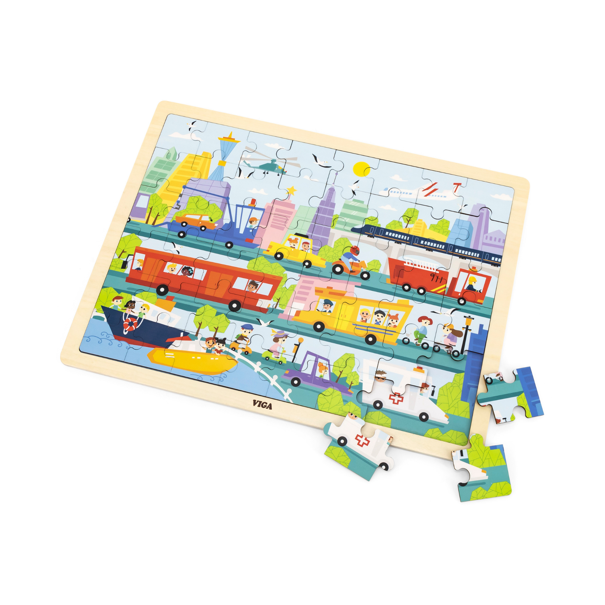 Viga City Transportation, 48 Piece Jigsaw Puzzle, Montessori Wooden Toy, Develops Sensory, Cognitive & Fine Motor Skills, Non-Toxic & Eco-friendly Kids Educational Toy, Suitable for Children Aged 3Y+
