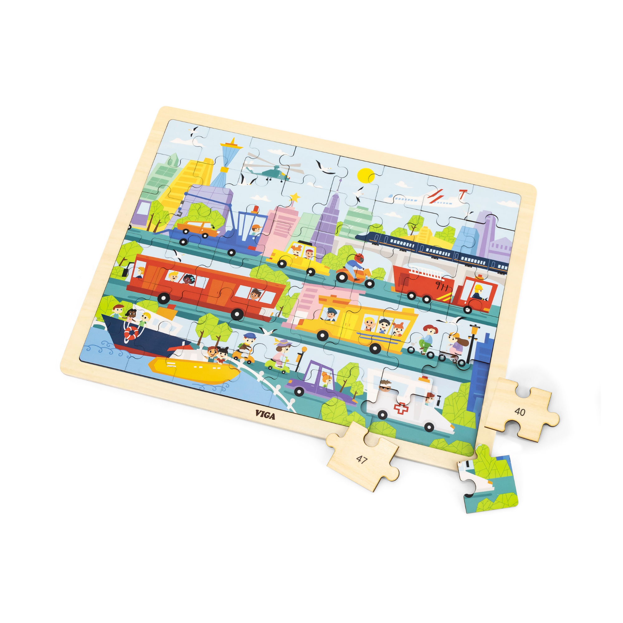 Viga City Transportation, 48 Piece Jigsaw Puzzle, Montessori Wooden Toy, Develops Sensory, Cognitive & Fine Motor Skills, Non-Toxic & Eco-friendly Kids Educational Toy, Suitable for Children Aged 3Y+