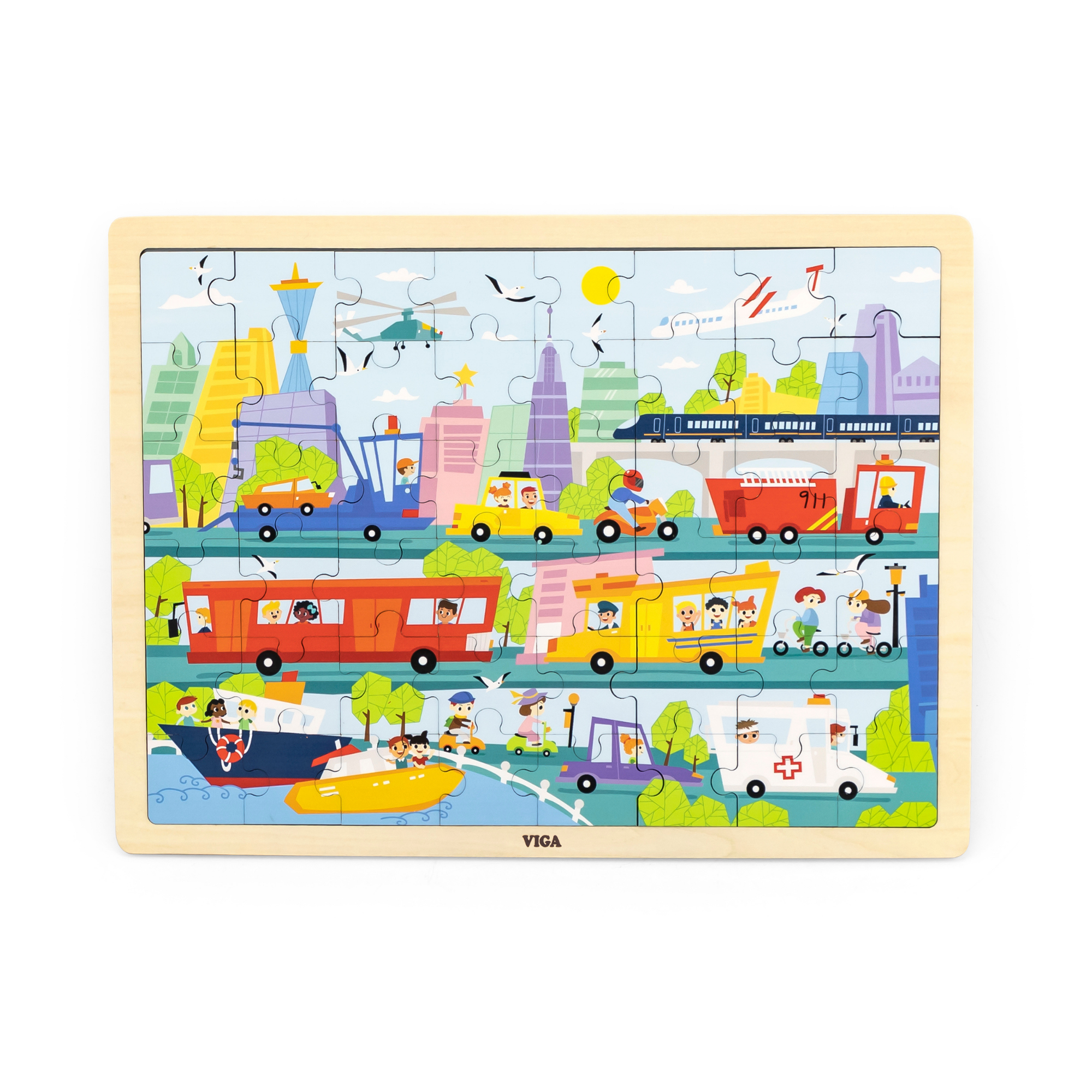Viga City Transportation, 48 Piece Jigsaw Puzzle, Montessori Wooden Toy, Develops Sensory, Cognitive & Fine Motor Skills, Non-Toxic & Eco-friendly Kids Educational Toy, Suitable for Children Aged 3Y+