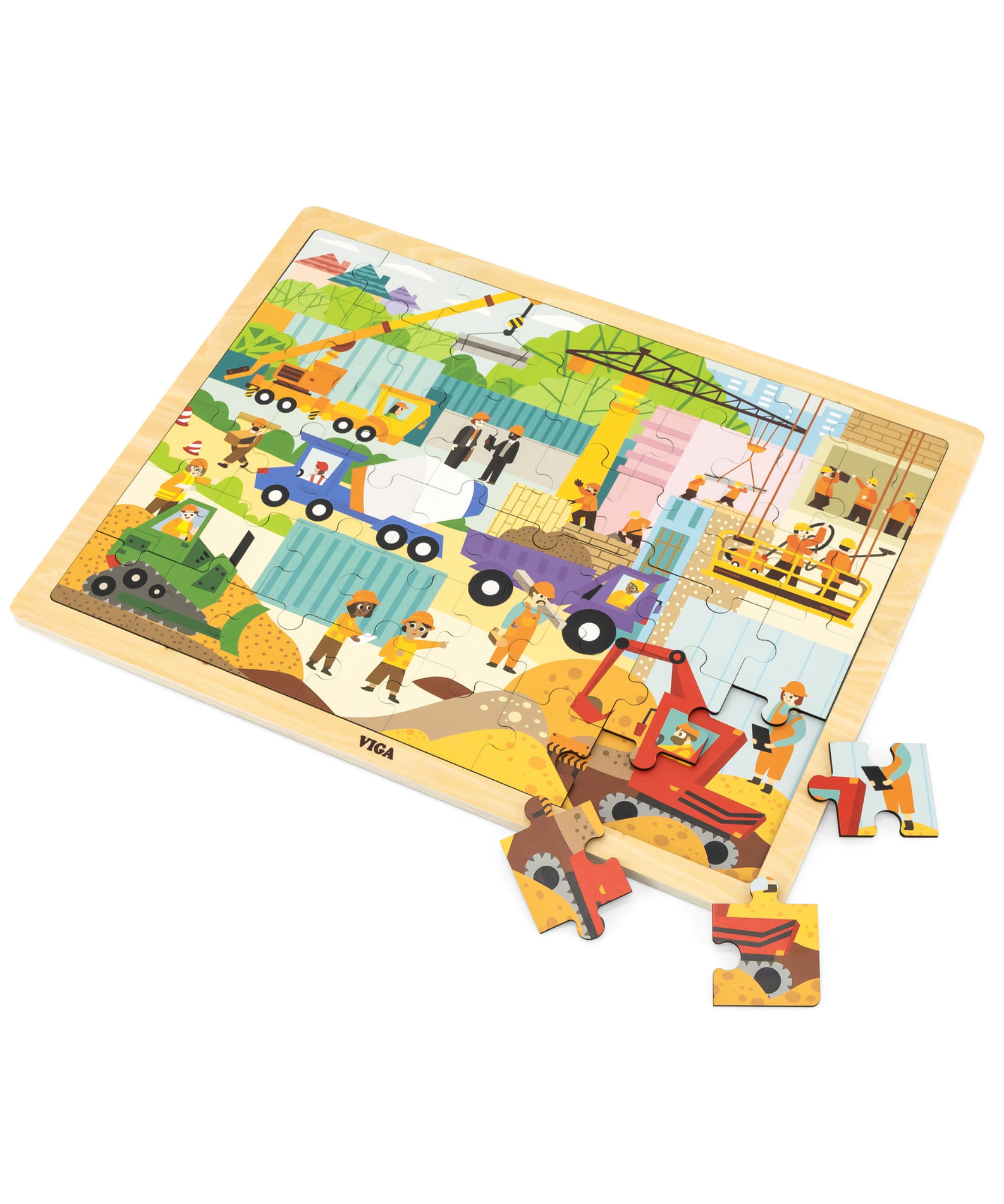 Viga Construction Area, 48 Piece Jigsaw Puzzle, Montessori Wooden Toy, Develops Sensory, Cognitive & Fine Motor Skills, Non-Toxic & Eco-friendly Kids Educational Toy, Suitable for Children Aged 3Y+
