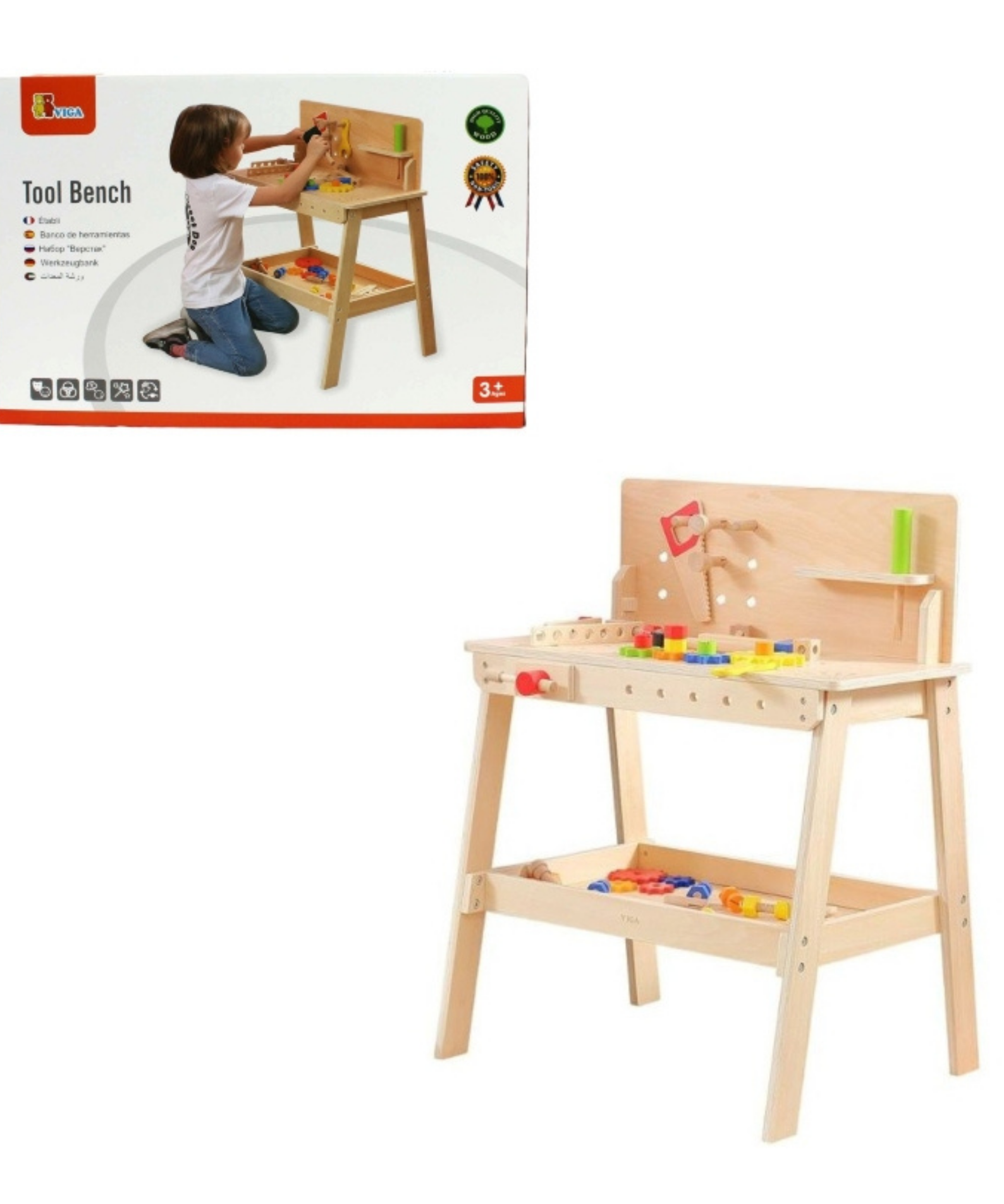 VIGA Wooden Tool Bench with Accessories  Educational Workbench for Kids  Develops Motor Skills, Hand-Eye Coordination, and Problem-Solving  Includes Hammer, Screwdriver, Wrench, Nuts, Bolts, and Gears