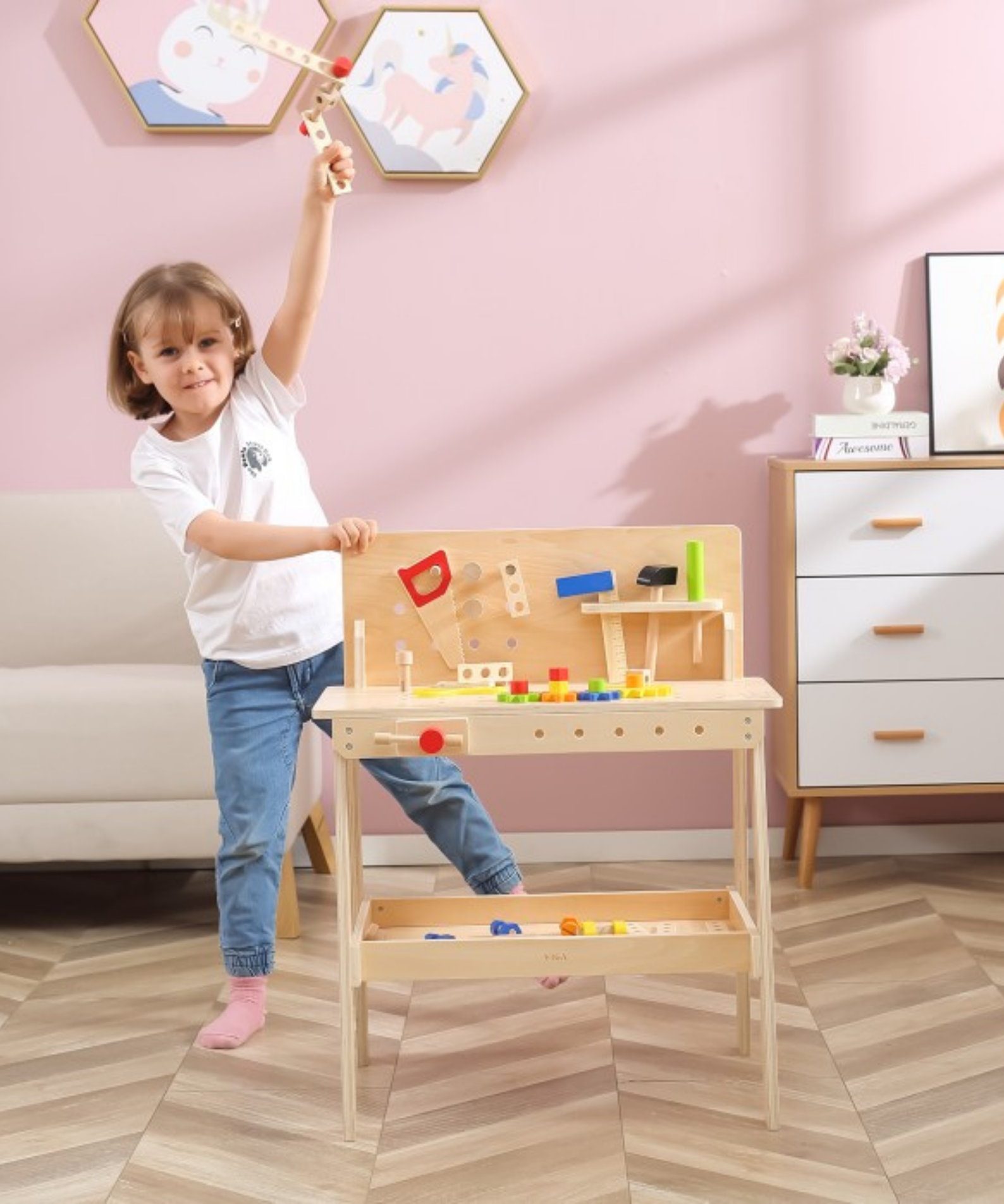 VIGA Wooden Tool Bench with Accessories  Educational Workbench for Kids  Develops Motor Skills, Hand-Eye Coordination, and Problem-Solving  Includes Hammer, Screwdriver, Wrench, Nuts, Bolts, and Gears