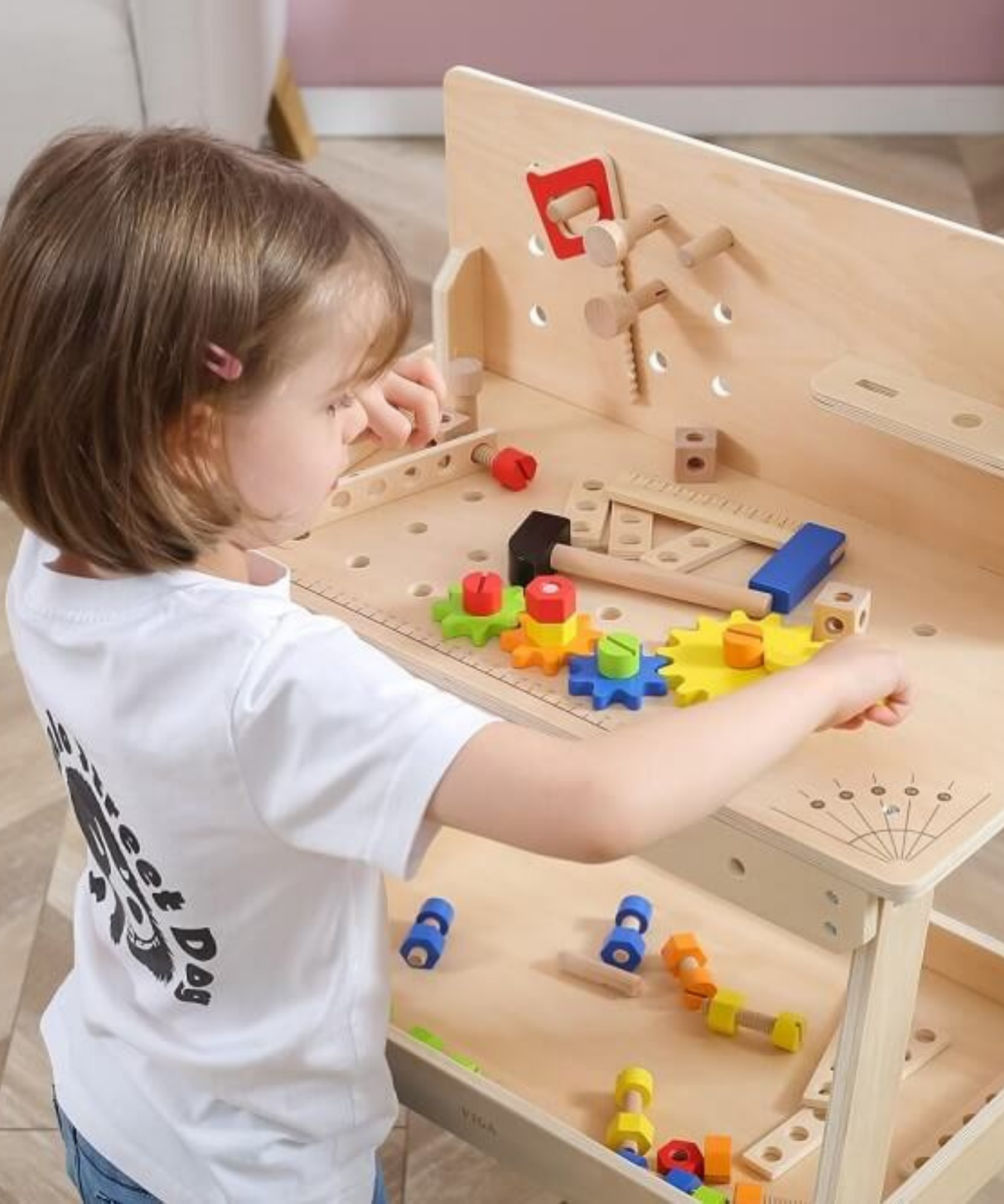 VIGA Wooden Tool Bench with Accessories  Educational Workbench for Kids  Develops Motor Skills, Hand-Eye Coordination, and Problem-Solving  Includes Hammer, Screwdriver, Wrench, Nuts, Bolts, and Gears