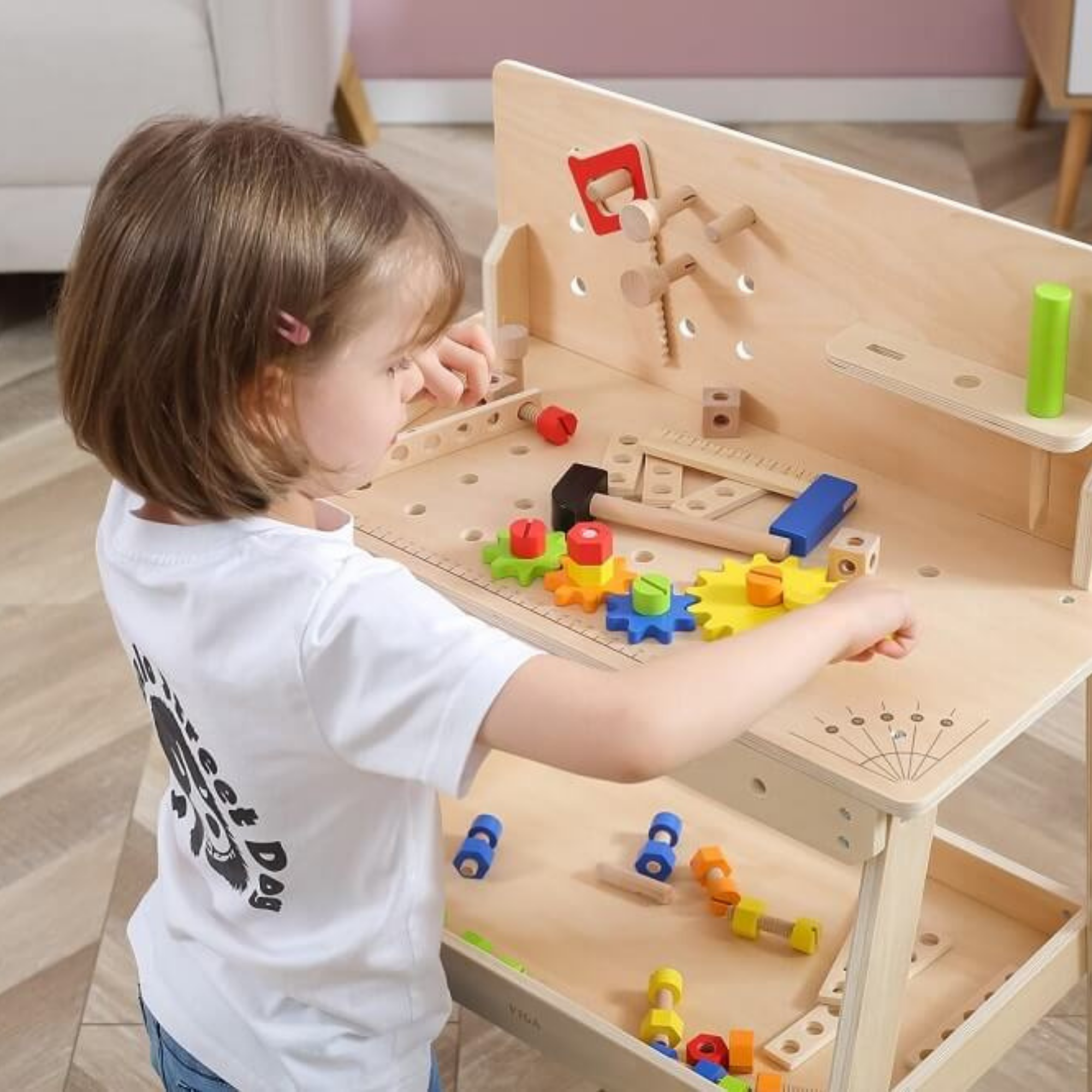 VIGA Wooden Tool Bench with Accessories  Educational Workbench for Kids  Develops Motor Skills, Hand-Eye Coordination, and Problem-Solving  Includes Hammer, Screwdriver, Wrench, Nuts, Bolts, and Gears