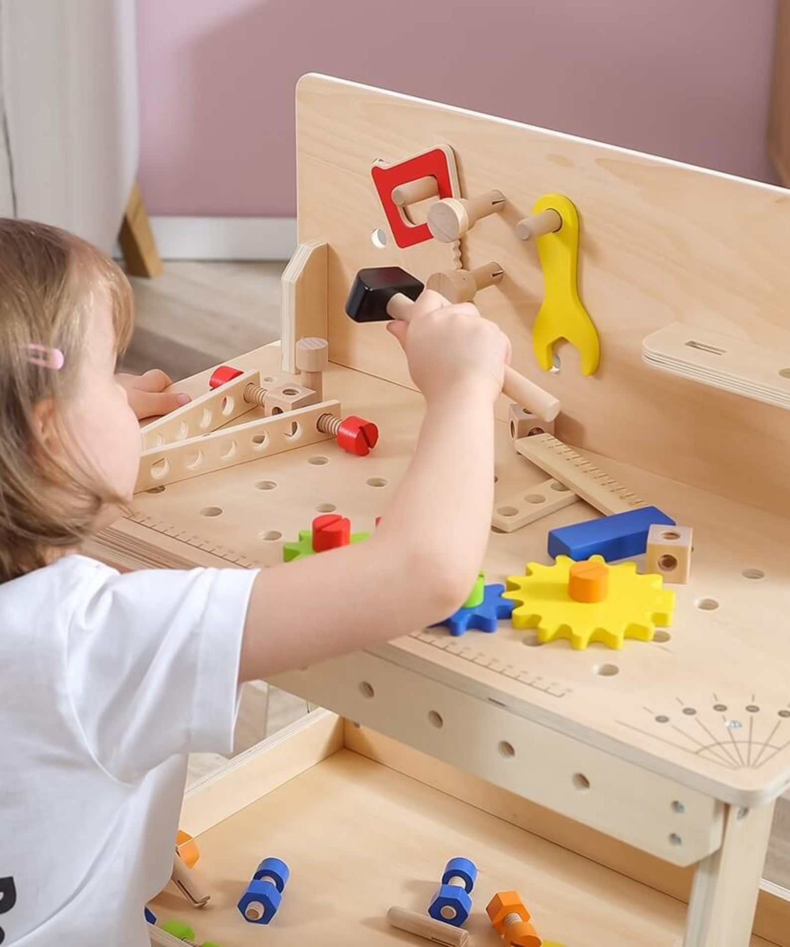 VIGA Wooden Tool Bench with Accessories  Educational Workbench for Kids  Develops Motor Skills, Hand-Eye Coordination, and Problem-Solving  Includes Hammer, Screwdriver, Wrench, Nuts, Bolts, and Gears