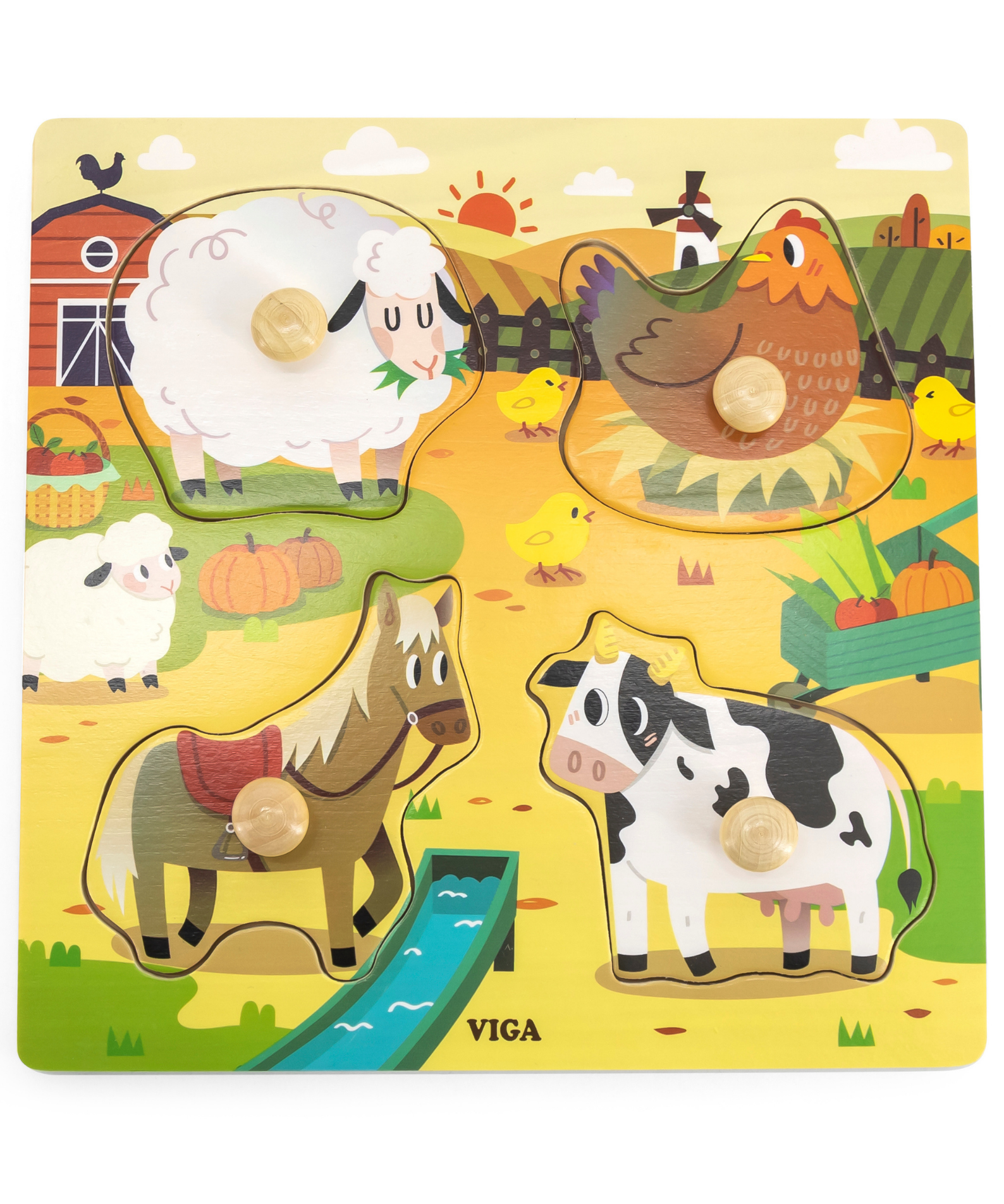 Viga Farm Animals, 4 Piece Knob Puzzle, Montessori Wooden Toy, Develops Sensory, Cognitive & Fine Motor Skills, Non-Toxic & Eco-friendly Kids Educational Toy, Suitable for Children Aged 12M+