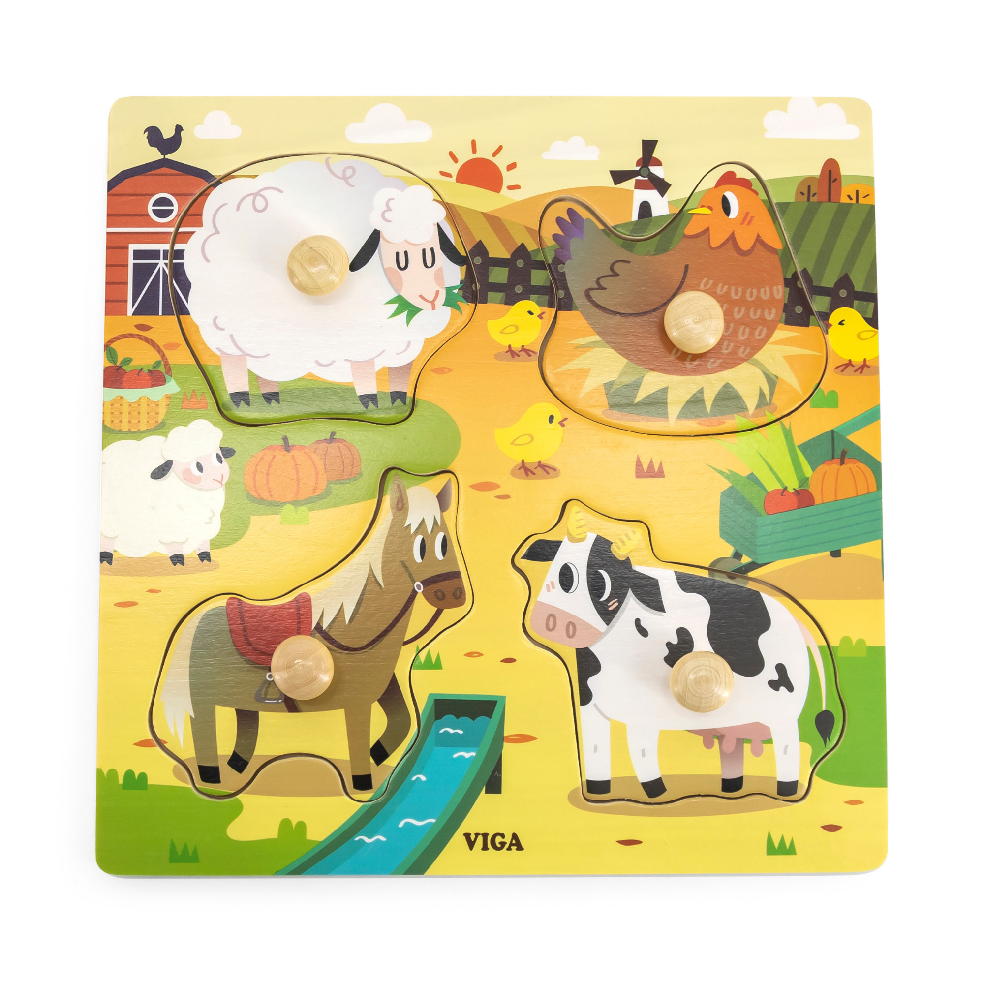Viga Farm Animals, 4 Piece Knob Puzzle, Montessori Wooden Toy, Develops Sensory, Cognitive & Fine Motor Skills, Non-Toxic & Eco-friendly Kids Educational Toy, Suitable for Children Aged 12M+