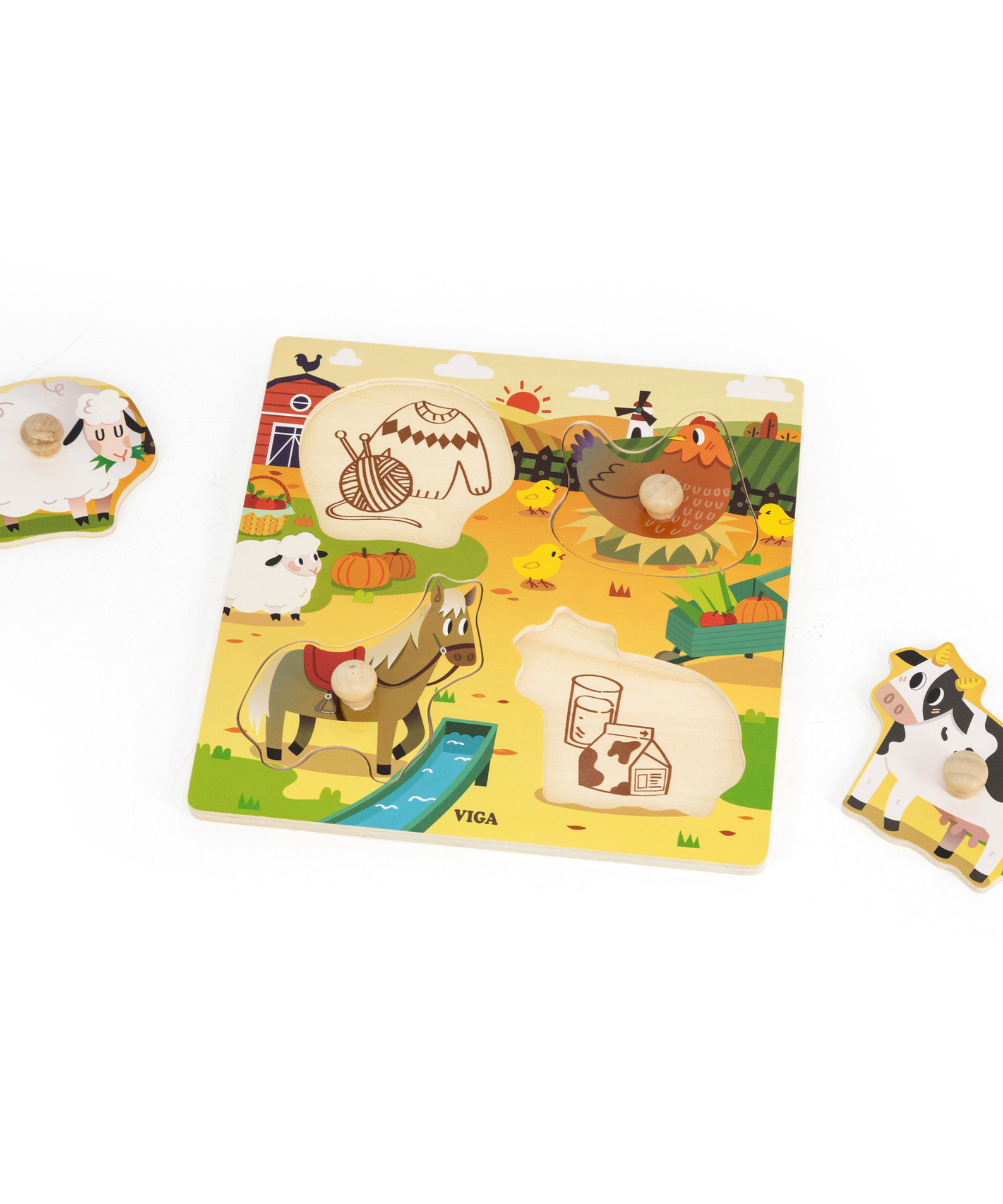 Viga Farm Animals, 4 Piece Knob Puzzle, Montessori Wooden Toy, Develops Sensory, Cognitive & Fine Motor Skills, Non-Toxic & Eco-friendly Kids Educational Toy, Suitable for Children Aged 12M+