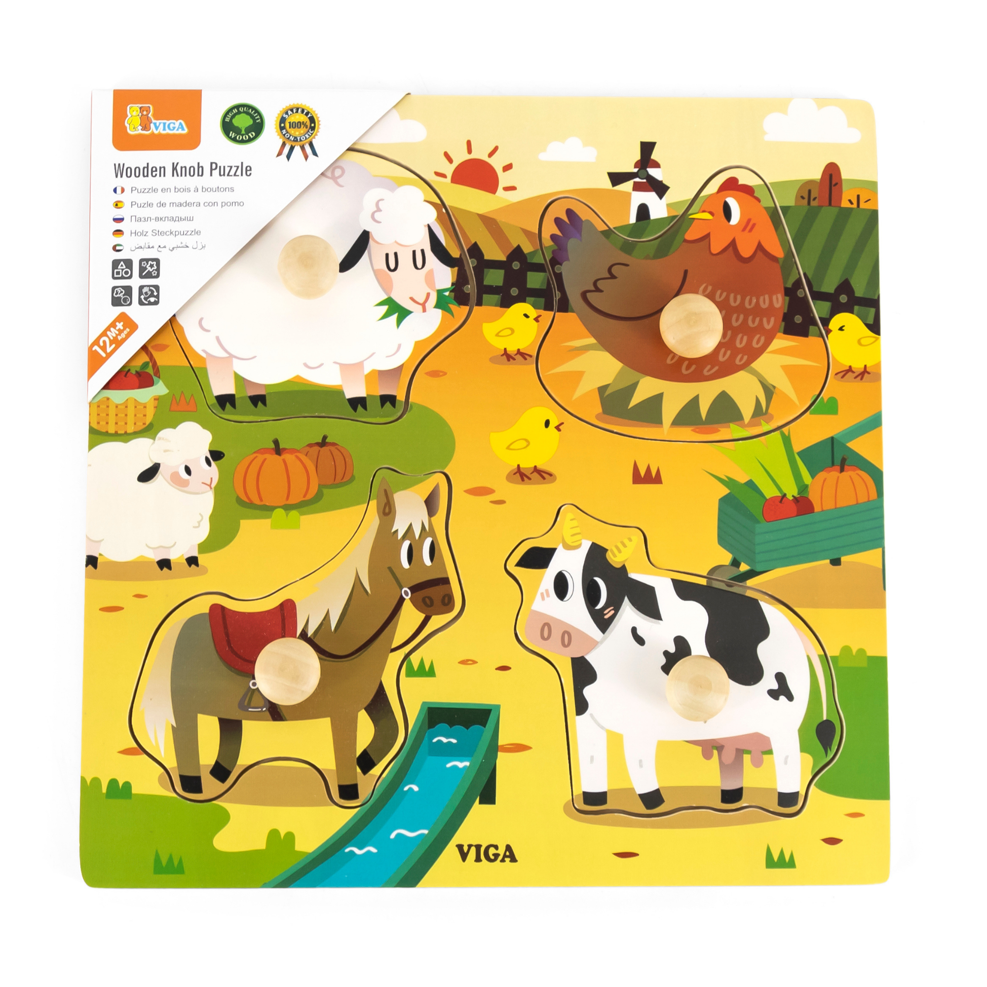 Viga Farm Animals, 4 Piece Knob Puzzle, Montessori Wooden Toy, Develops Sensory, Cognitive & Fine Motor Skills, Non-Toxic & Eco-friendly Kids Educational Toy, Suitable for Children Aged 12M+