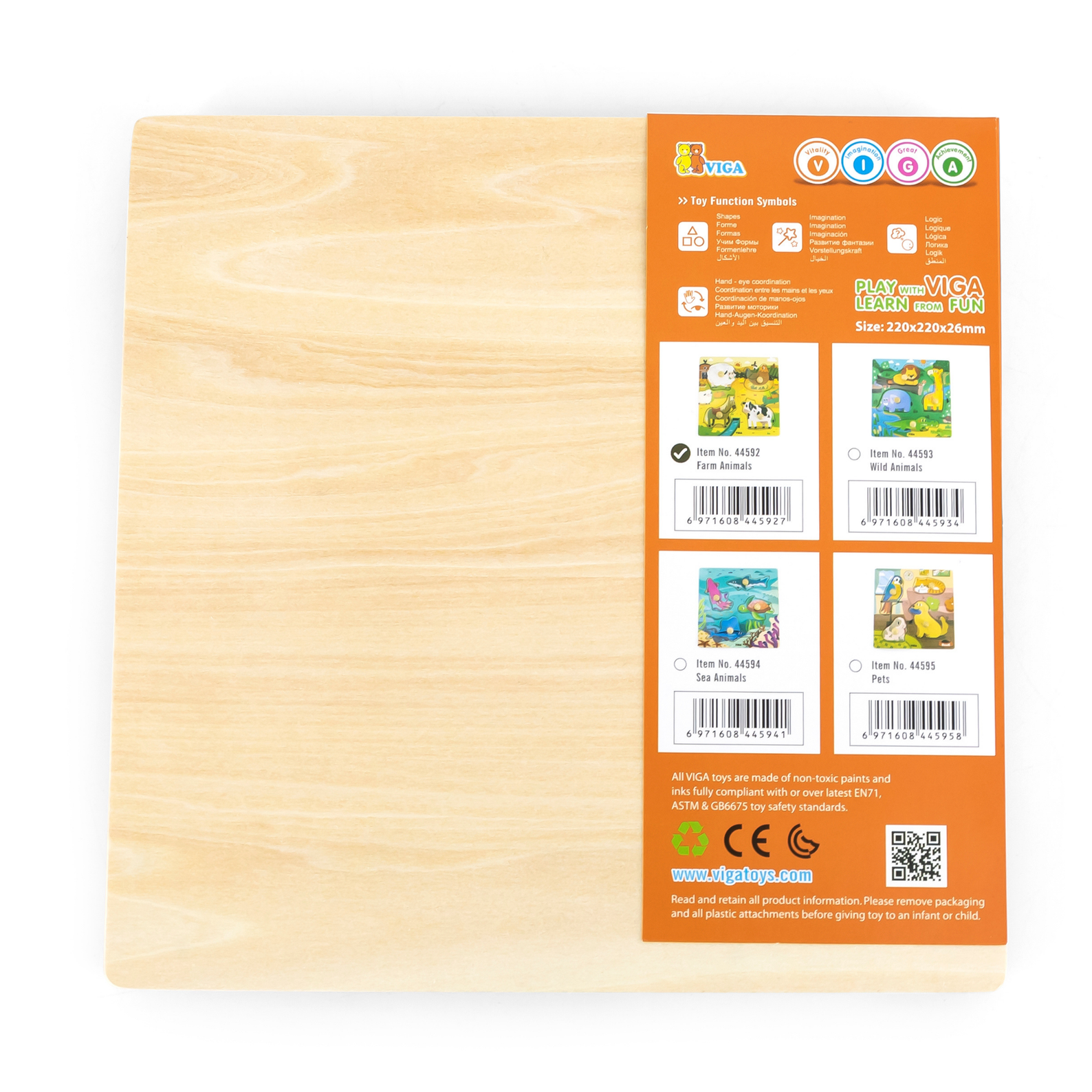 Viga Farm Animals, 4 Piece Knob Puzzle, Montessori Wooden Toy, Develops Sensory, Cognitive & Fine Motor Skills, Non-Toxic & Eco-friendly Kids Educational Toy, Suitable for Children Aged 12M+
