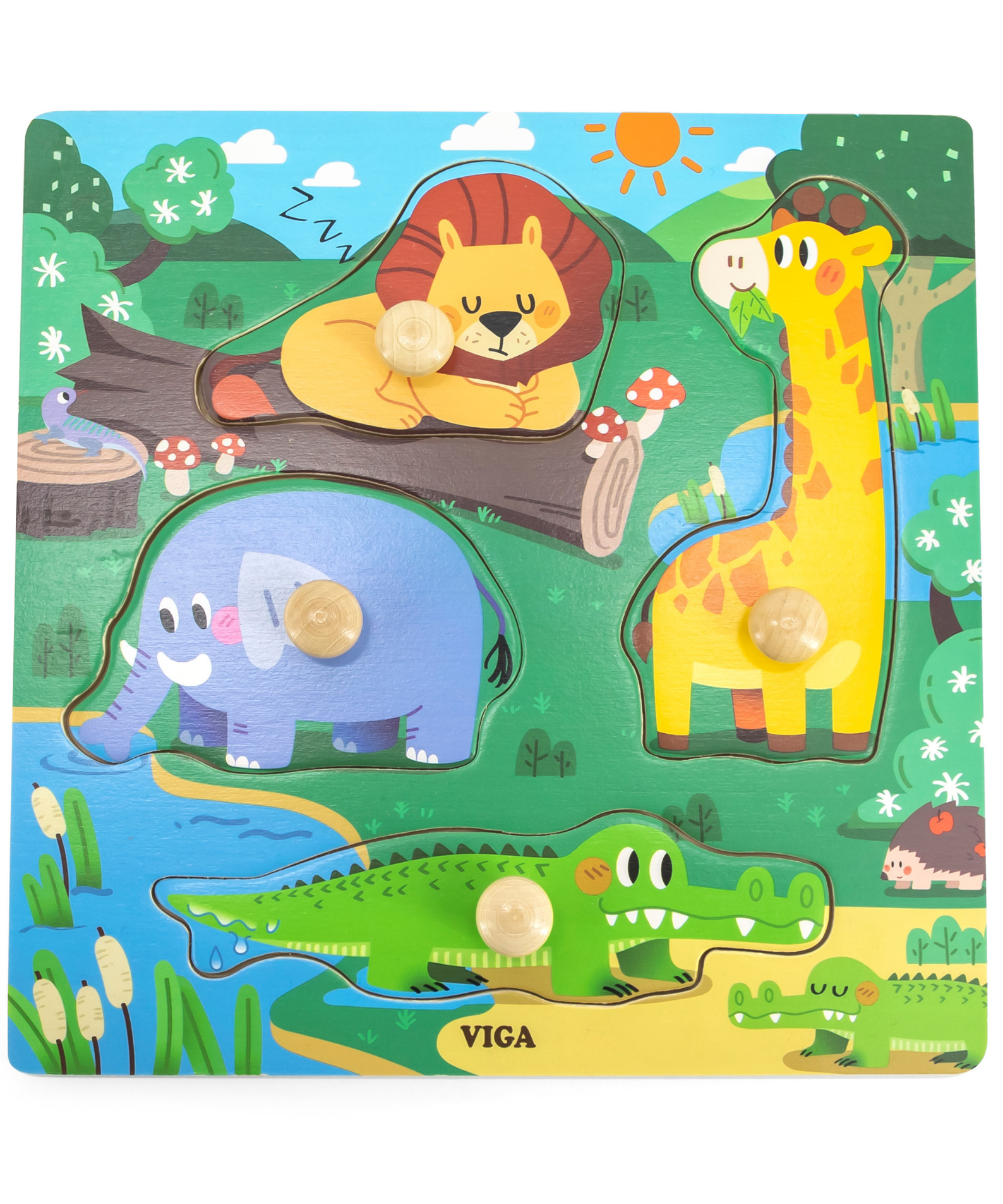 Viga Wild Animals, 4 Piece Knob Puzzle, Montessori Wooden Toy, Develops Sensory, Cognitive & Fine Motor Skills, Non-Toxic & Eco-friendly Kids Educational Toy, Suitable for Boys & Girls Aged 12M+