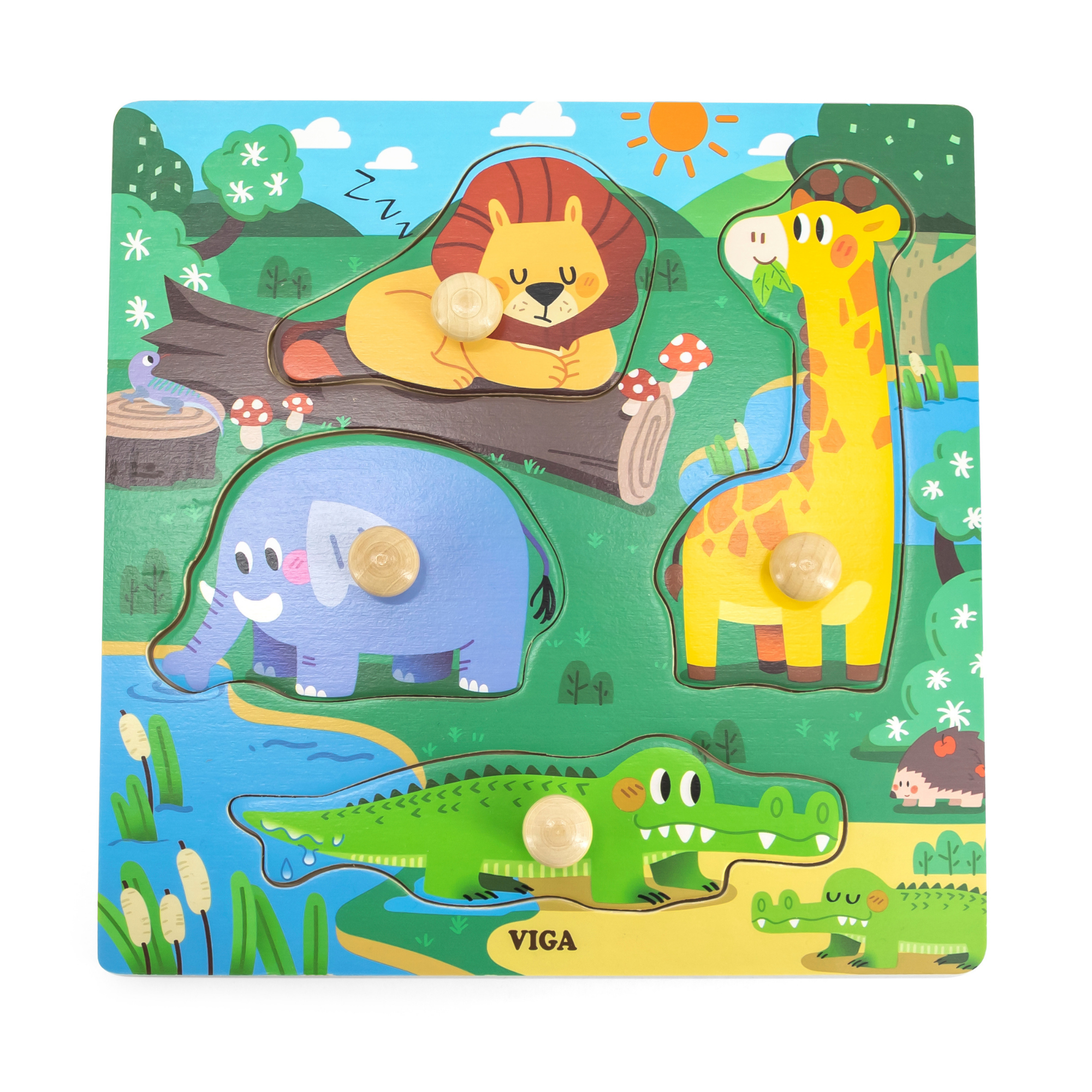 Viga Wild Animals, 4 Piece Knob Puzzle, Montessori Wooden Toy, Develops Sensory, Cognitive & Fine Motor Skills, Non-Toxic & Eco-friendly Kids Educational Toy, Suitable for Boys & Girls Aged 12M+