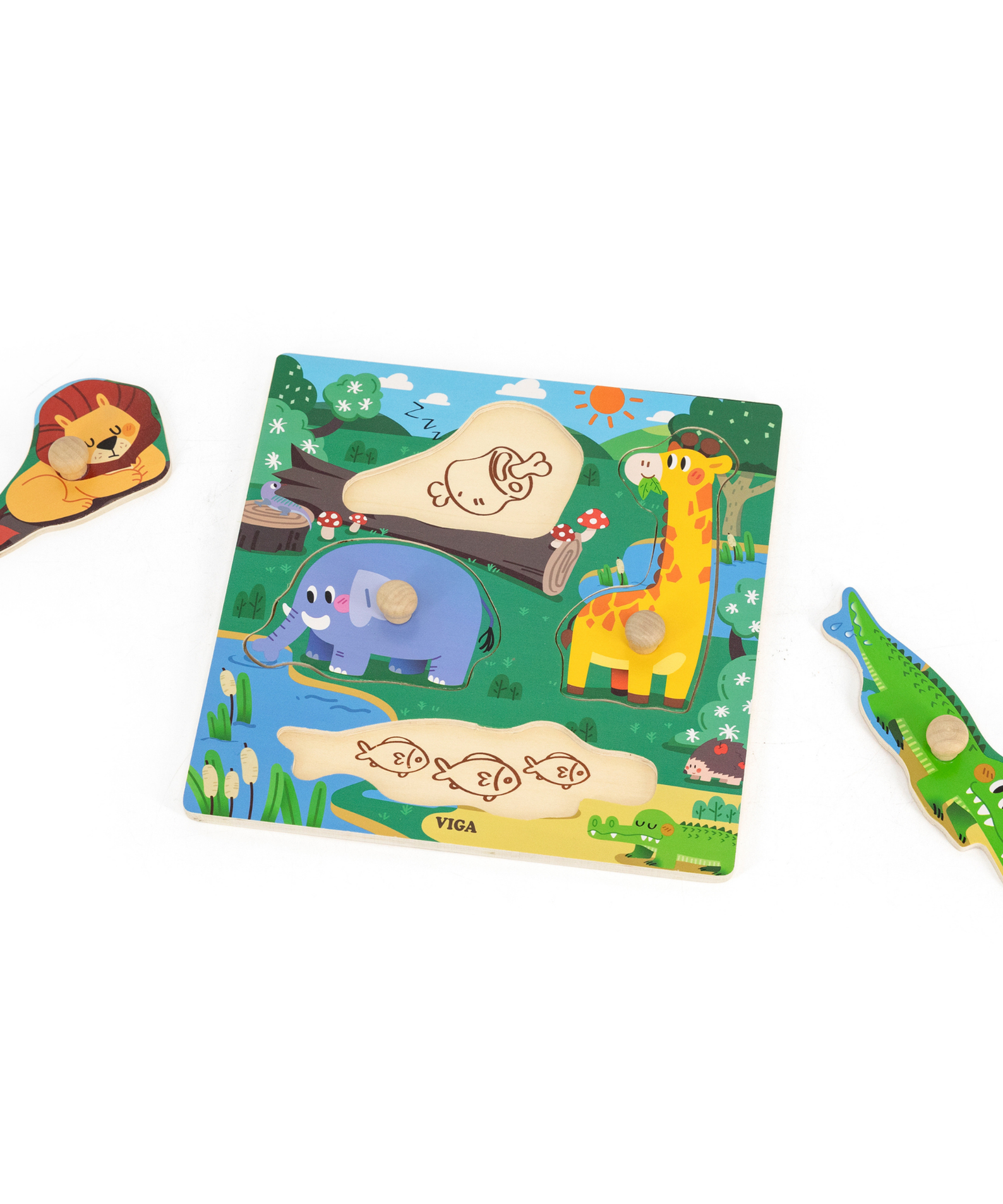 Viga Wild Animals, 4 Piece Knob Puzzle, Montessori Wooden Toy, Develops Sensory, Cognitive & Fine Motor Skills, Non-Toxic & Eco-friendly Kids Educational Toy, Suitable for Boys & Girls Aged 12M+