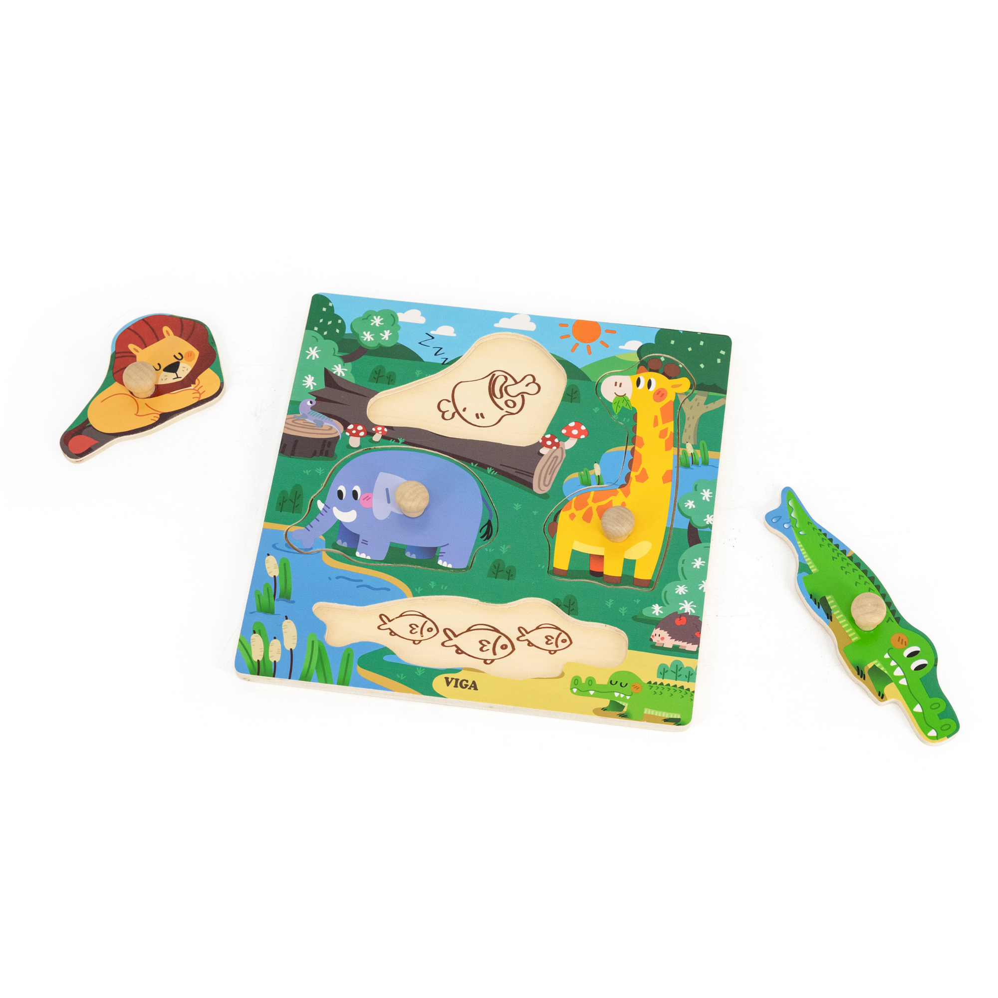 Viga Wild Animals, 4 Piece Knob Puzzle, Montessori Wooden Toy, Develops Sensory, Cognitive & Fine Motor Skills, Non-Toxic & Eco-friendly Kids Educational Toy, Suitable for Boys & Girls Aged 12M+