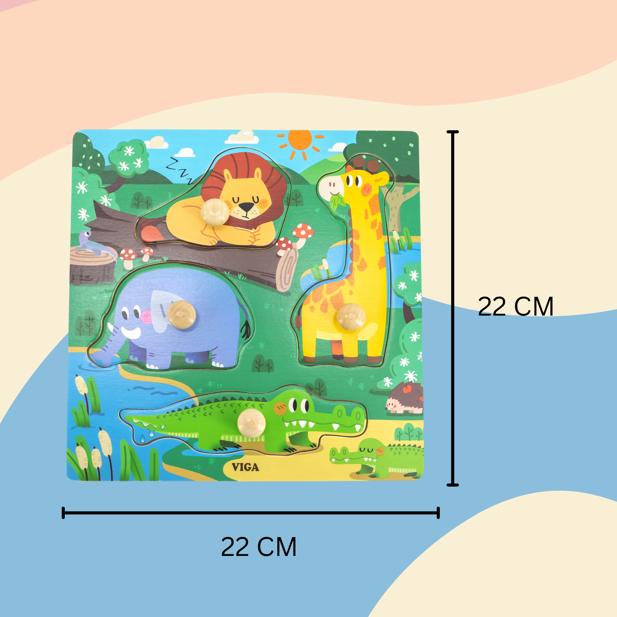 Viga Wild Animals, 4 Piece Knob Puzzle, Montessori Wooden Toy, Develops Sensory, Cognitive & Fine Motor Skills, Non-Toxic & Eco-friendly Kids Educational Toy, Suitable for Boys & Girls Aged 12M+