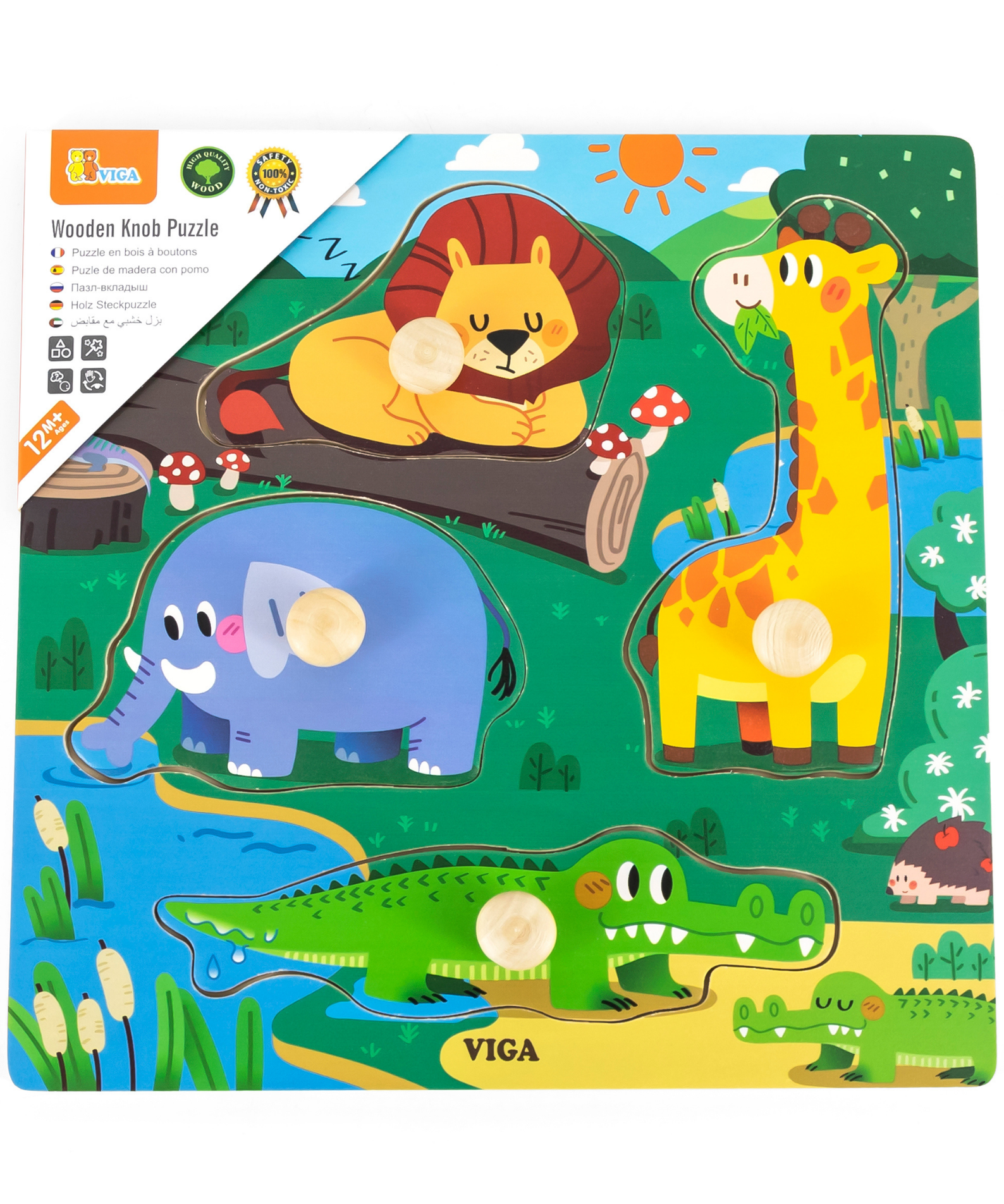 Viga Wild Animals, 4 Piece Knob Puzzle, Montessori Wooden Toy, Develops Sensory, Cognitive & Fine Motor Skills, Non-Toxic & Eco-friendly Kids Educational Toy, Suitable for Boys & Girls Aged 12M+