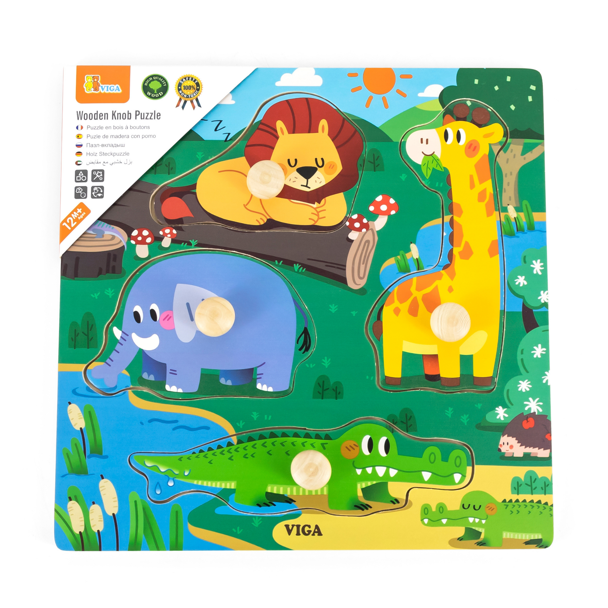 Viga Wild Animals, 4 Piece Knob Puzzle, Montessori Wooden Toy, Develops Sensory, Cognitive & Fine Motor Skills, Non-Toxic & Eco-friendly Kids Educational Toy, Suitable for Boys & Girls Aged 12M+