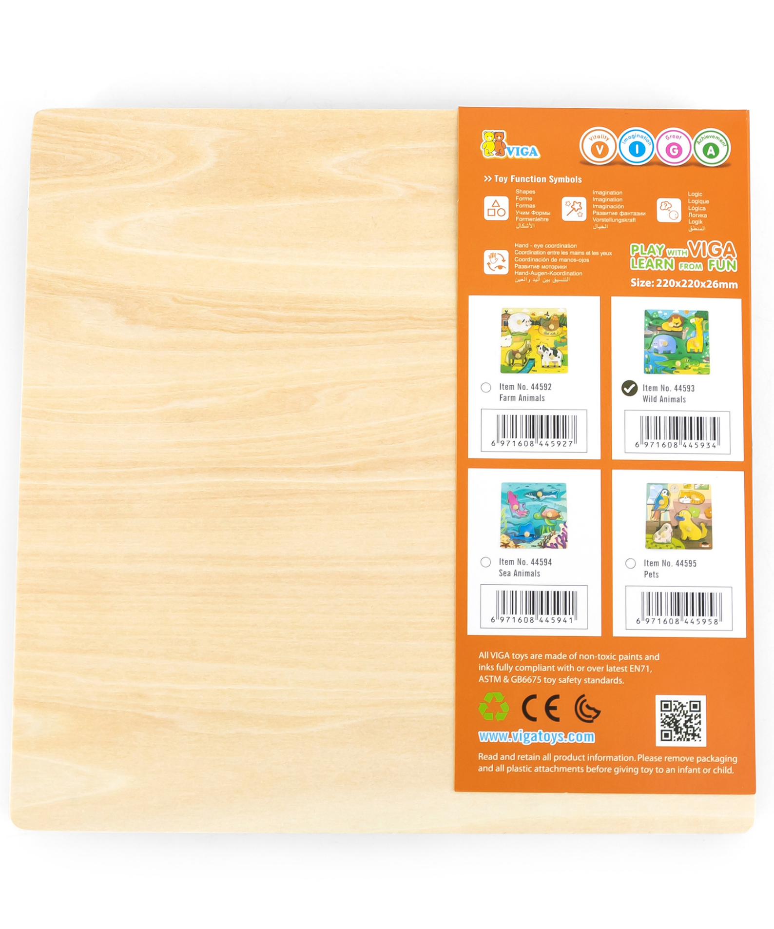 Viga Wild Animals, 4 Piece Knob Puzzle, Montessori Wooden Toy, Develops Sensory, Cognitive & Fine Motor Skills, Non-Toxic & Eco-friendly Kids Educational Toy, Suitable for Boys & Girls Aged 12M+