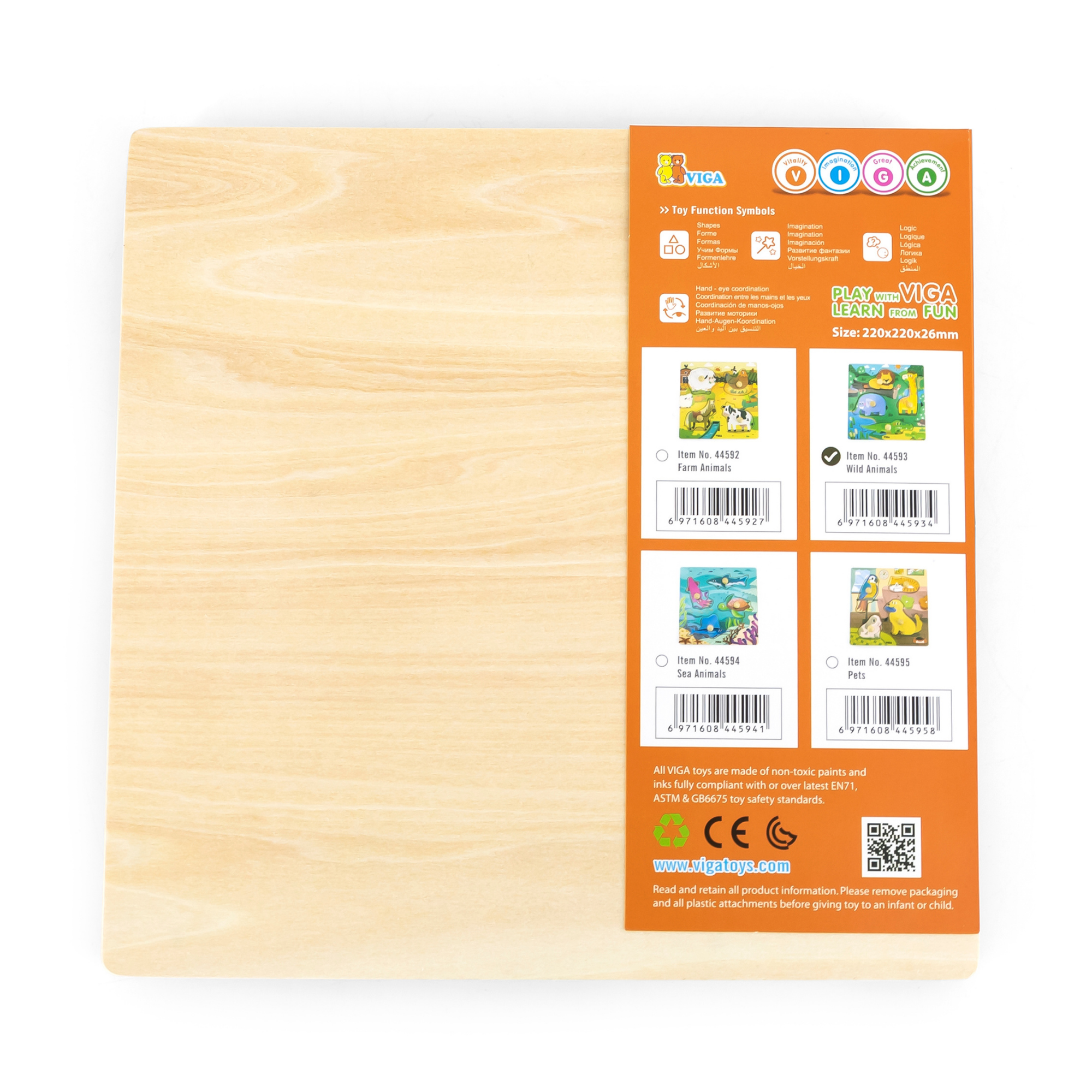 Viga Wild Animals, 4 Piece Knob Puzzle, Montessori Wooden Toy, Develops Sensory, Cognitive & Fine Motor Skills, Non-Toxic & Eco-friendly Kids Educational Toy, Suitable for Boys & Girls Aged 12M+