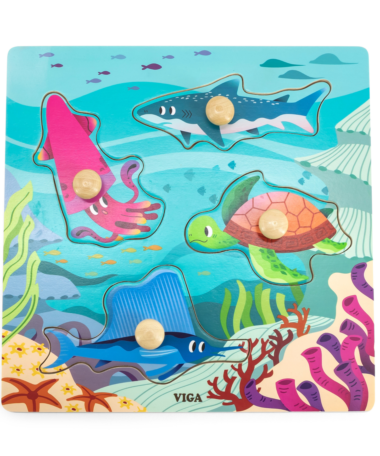 Viga Sea Animals, 4 Piece Knob Puzzle, Montessori Wooden Toy, Develops Sensory, Cognitive & Fine Motor Skills, Non-Toxic & Eco-friendly Kids Educational Toy, Suitable for Boys and Girls Aged 12M+