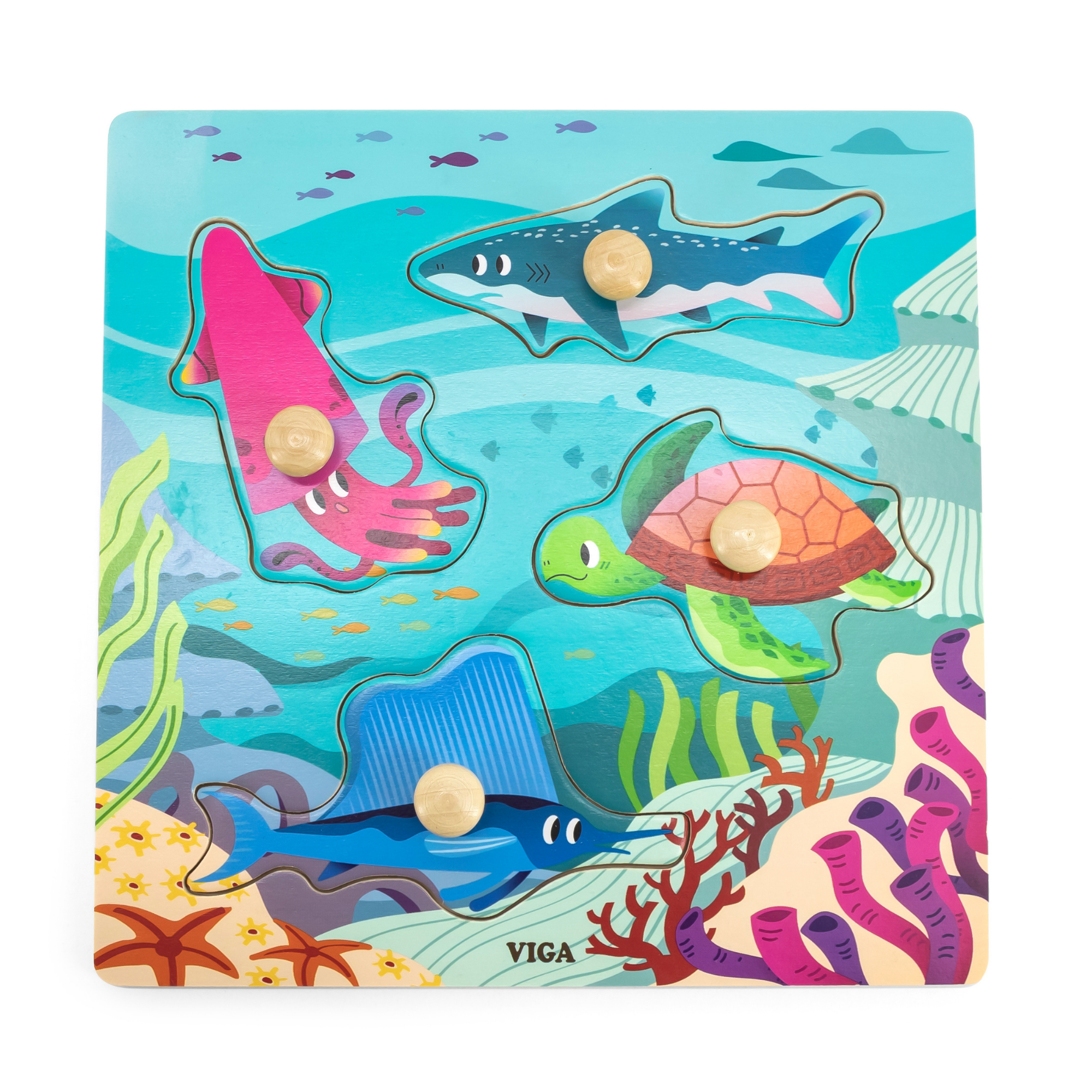 Viga Sea Animals, 4 Piece Knob Puzzle, Montessori Wooden Toy, Develops Sensory, Cognitive & Fine Motor Skills, Non-Toxic & Eco-friendly Kids Educational Toy, Suitable for Boys and Girls Aged 12M+