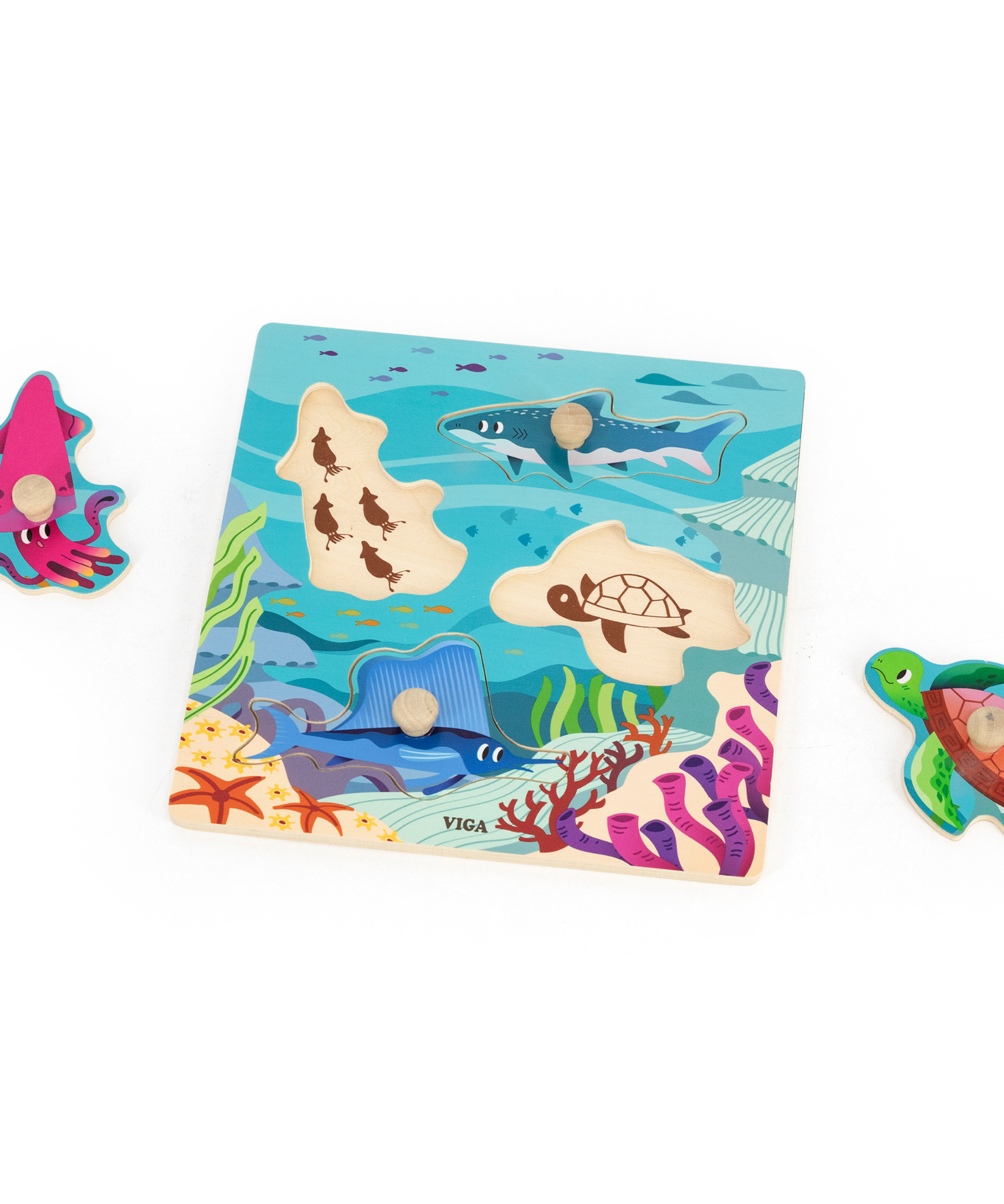 Viga Sea Animals, 4 Piece Knob Puzzle, Montessori Wooden Toy, Develops Sensory, Cognitive & Fine Motor Skills, Non-Toxic & Eco-friendly Kids Educational Toy, Suitable for Boys and Girls Aged 12M+