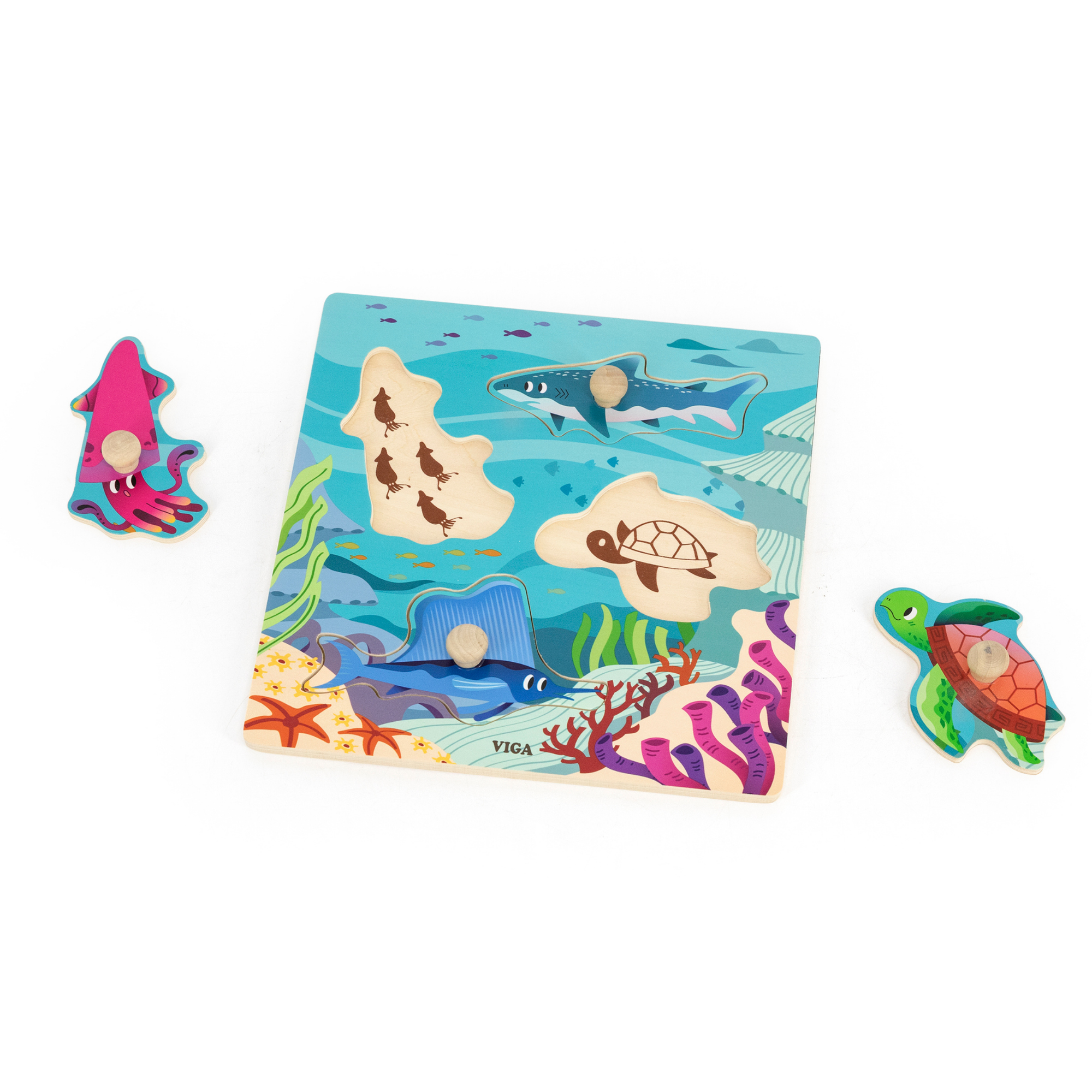 Viga Sea Animals, 4 Piece Knob Puzzle, Montessori Wooden Toy, Develops Sensory, Cognitive & Fine Motor Skills, Non-Toxic & Eco-friendly Kids Educational Toy, Suitable for Boys and Girls Aged 12M+