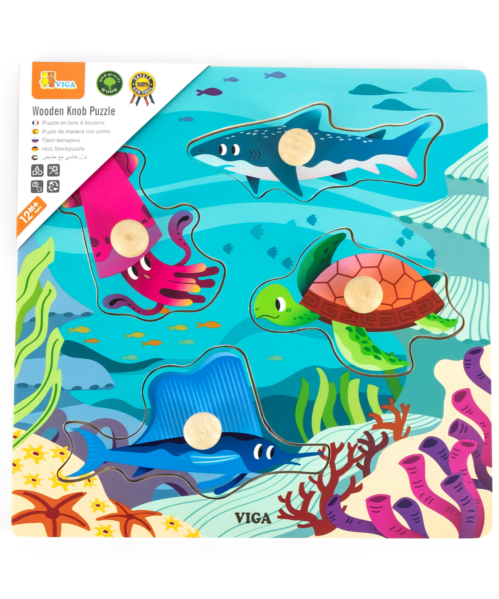 Viga Sea Animals, 4 Piece Knob Puzzle, Montessori Wooden Toy, Develops Sensory, Cognitive & Fine Motor Skills, Non-Toxic & Eco-friendly Kids Educational Toy, Suitable for Boys and Girls Aged 12M+