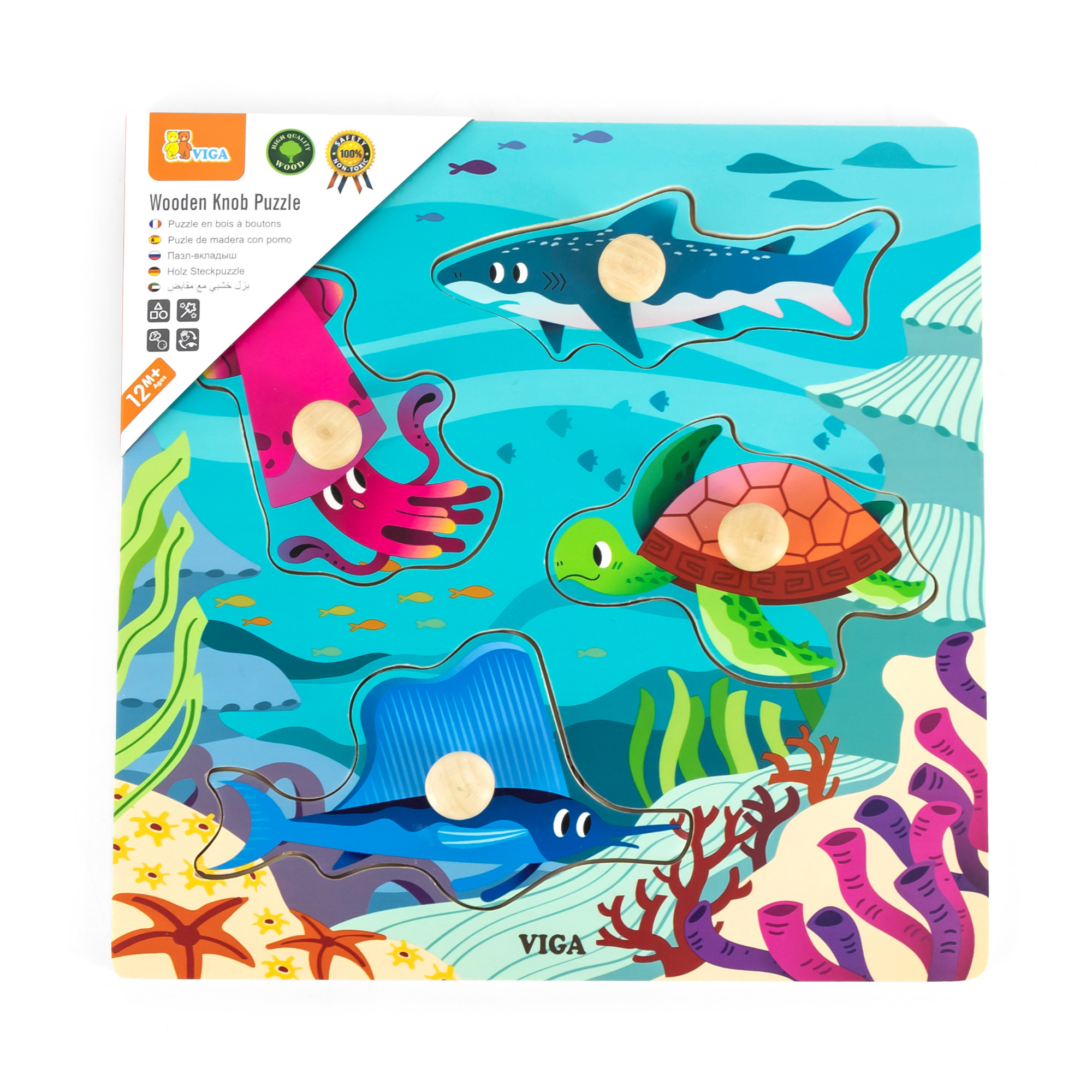 Viga Sea Animals, 4 Piece Knob Puzzle, Montessori Wooden Toy, Develops Sensory, Cognitive & Fine Motor Skills, Non-Toxic & Eco-friendly Kids Educational Toy, Suitable for Boys and Girls Aged 12M+