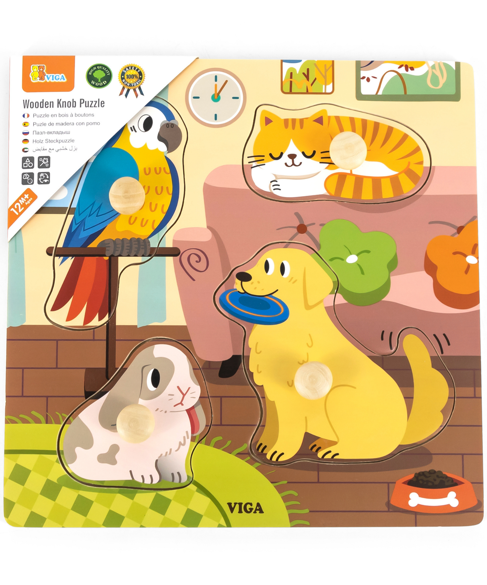 Viga Pets, 4 Piece Knob Puzzle, Montessori Wooden Toy, Develops Sensory, Cognitive & Fine Motor Skills, Non-Toxic & Eco-friendly Kids Educational Toy, Suitable for Boys and Girls Aged 12M+