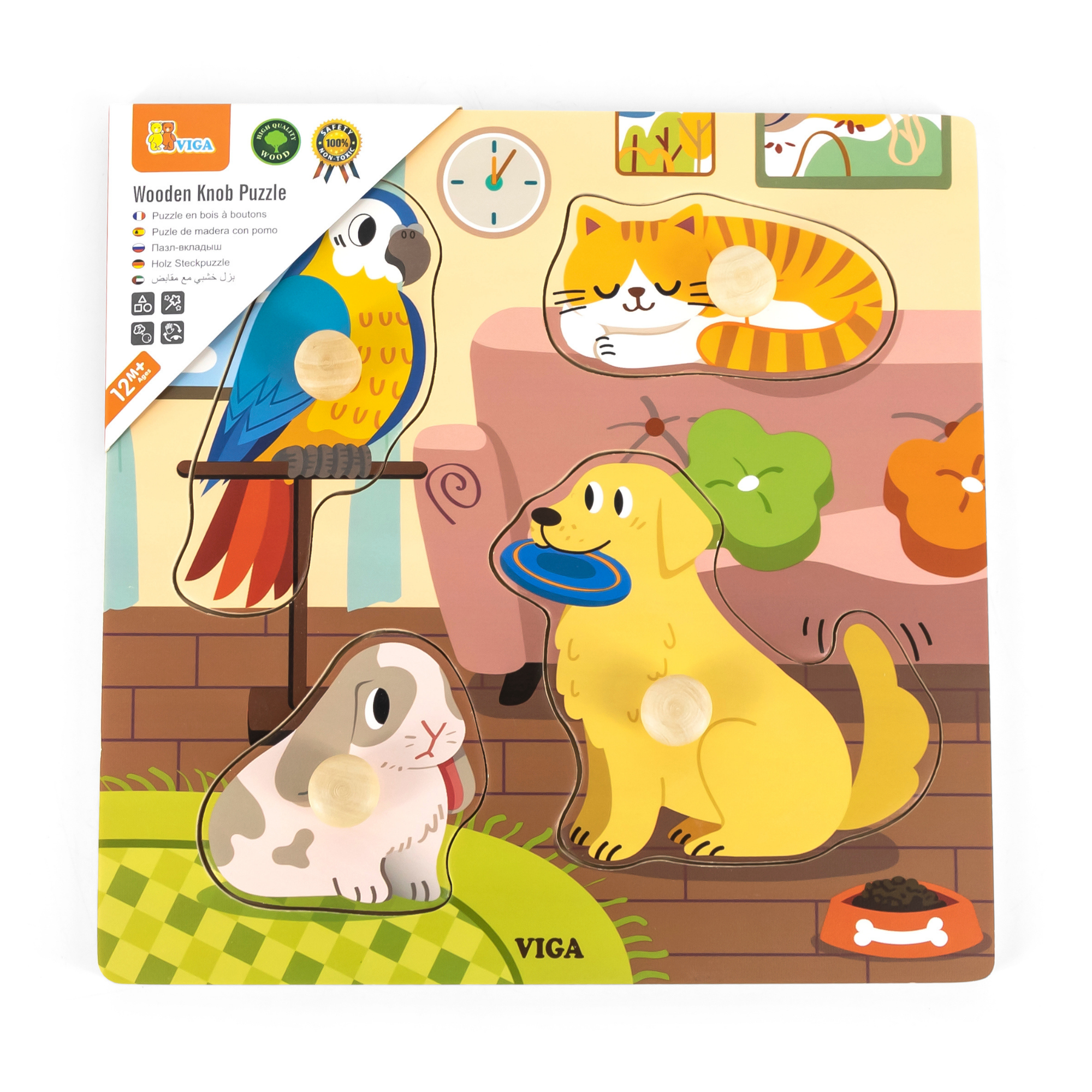 Viga Pets, 4 Piece Knob Puzzle, Montessori Wooden Toy, Develops Sensory, Cognitive & Fine Motor Skills, Non-Toxic & Eco-friendly Kids Educational Toy, Suitable for Boys and Girls Aged 12M+