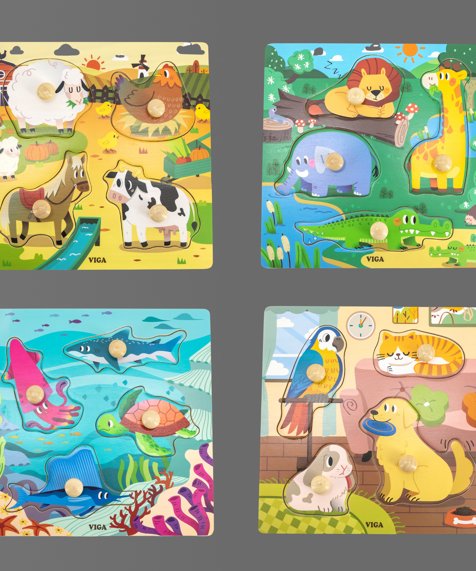 Viga Pets, 4 Piece Knob Puzzle, Montessori Wooden Toy, Develops Sensory, Cognitive & Fine Motor Skills, Non-Toxic & Eco-friendly Kids Educational Toy, Suitable for Boys and Girls Aged 12M+