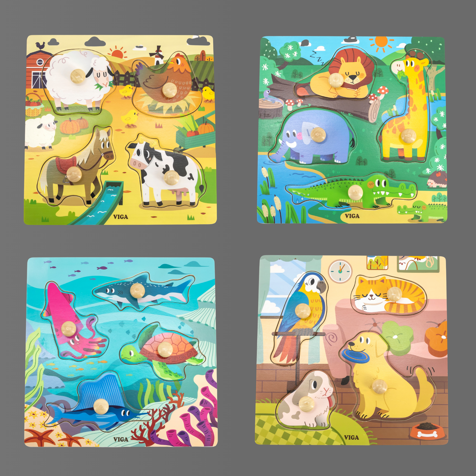 Viga Pets, 4 Piece Knob Puzzle, Montessori Wooden Toy, Develops Sensory, Cognitive & Fine Motor Skills, Non-Toxic & Eco-friendly Kids Educational Toy, Suitable for Boys and Girls Aged 12M+