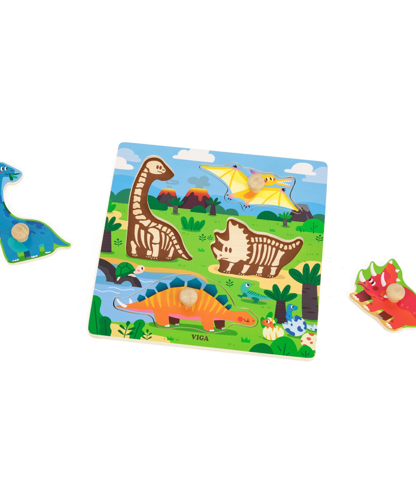 Viga Dinosaurs, 4 Piece Knob Puzzle, Montessori Wooden Toy, Develops Sensory, Cognitive & Fine Motor Skills, Non-Toxic & Eco-friendly Kids Educational Toy, Suitable for Boys and Girls Aged 12M+